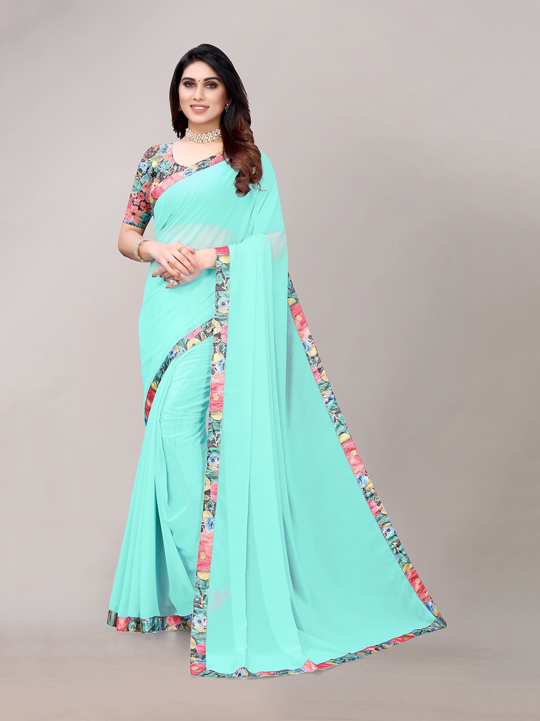 

MAGMINA Printed Border Pure Georgette Saree, Turquoise blue