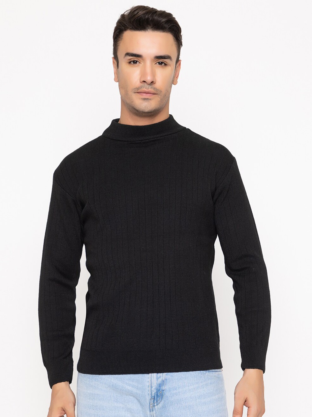 

TYSORT Ribbed Mock Collar Wool Pullover Sweater, Black