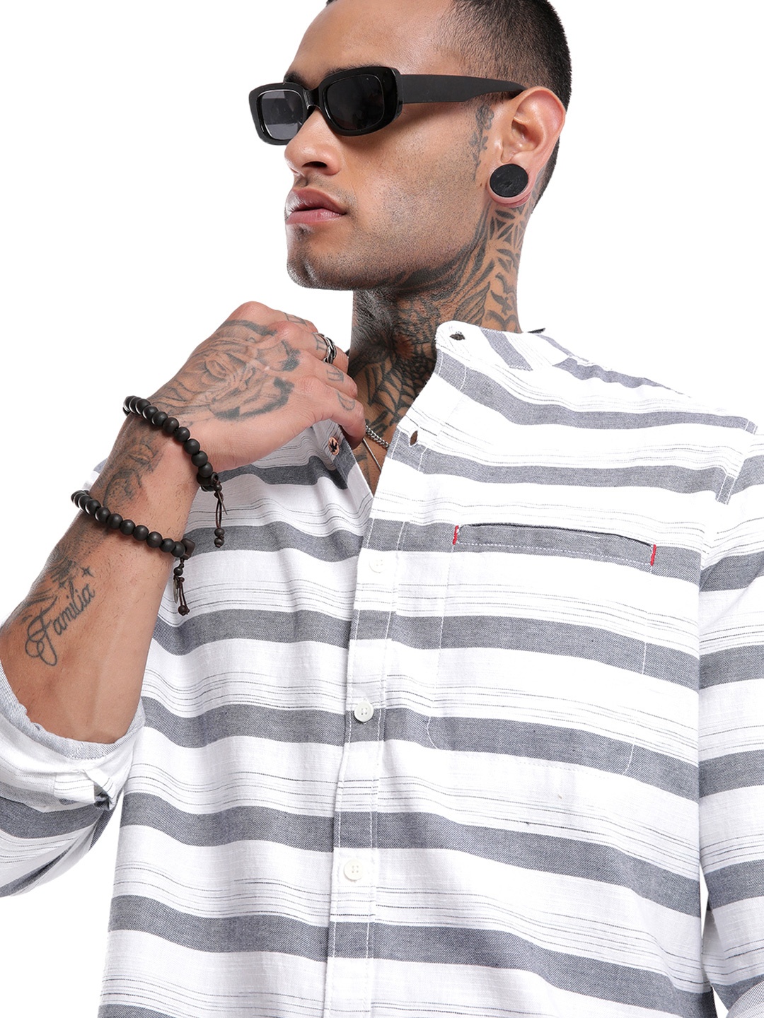 

WROGN Men Grey Custom Horizontal Stripes Opaque Striped Casual Shirt