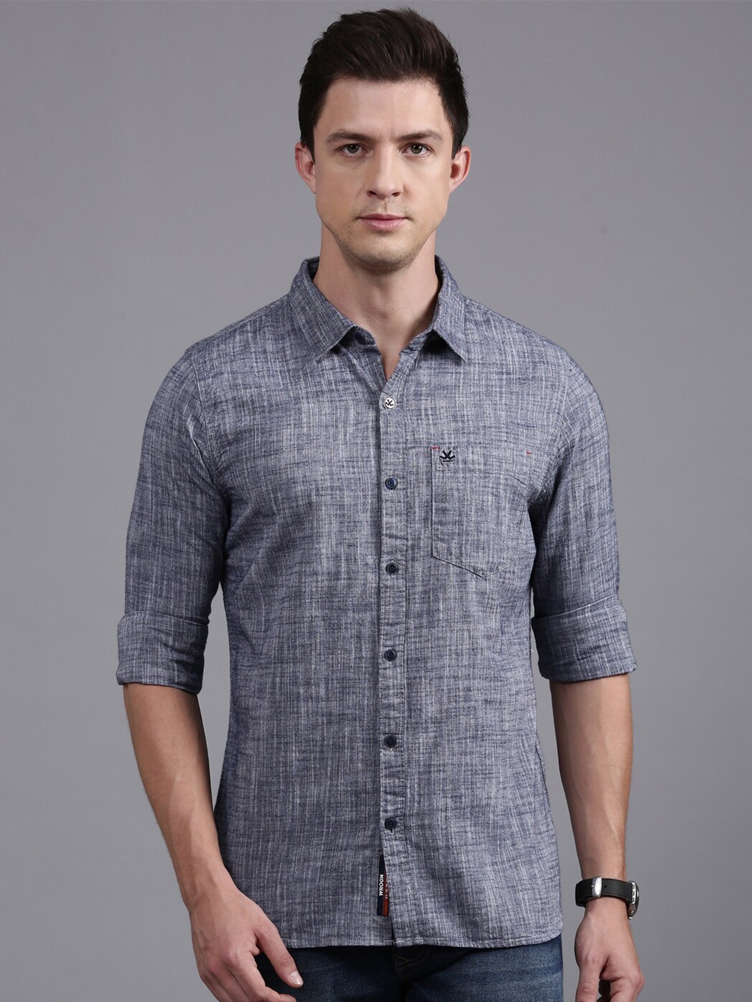 

WROGN Custom Fit Textured Denim Weave Cotton Casual Shirt, Blue