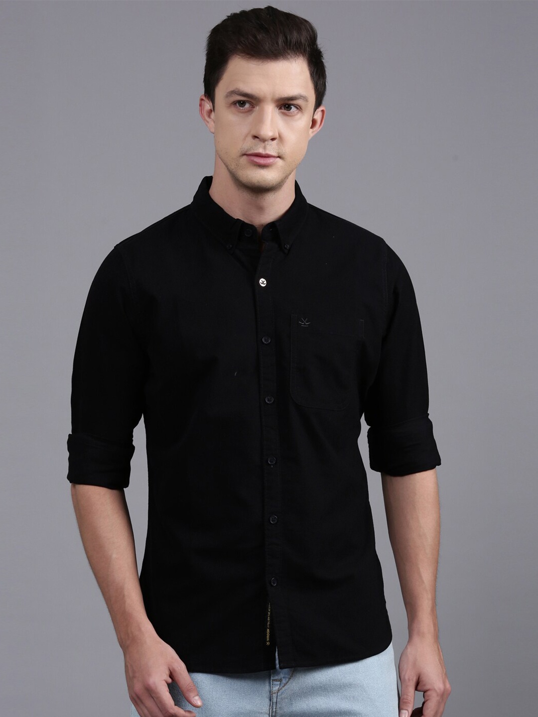 

WROGN Custom Fit Button-Down Collar Denim Weave Cotton Casual Shirt, Black