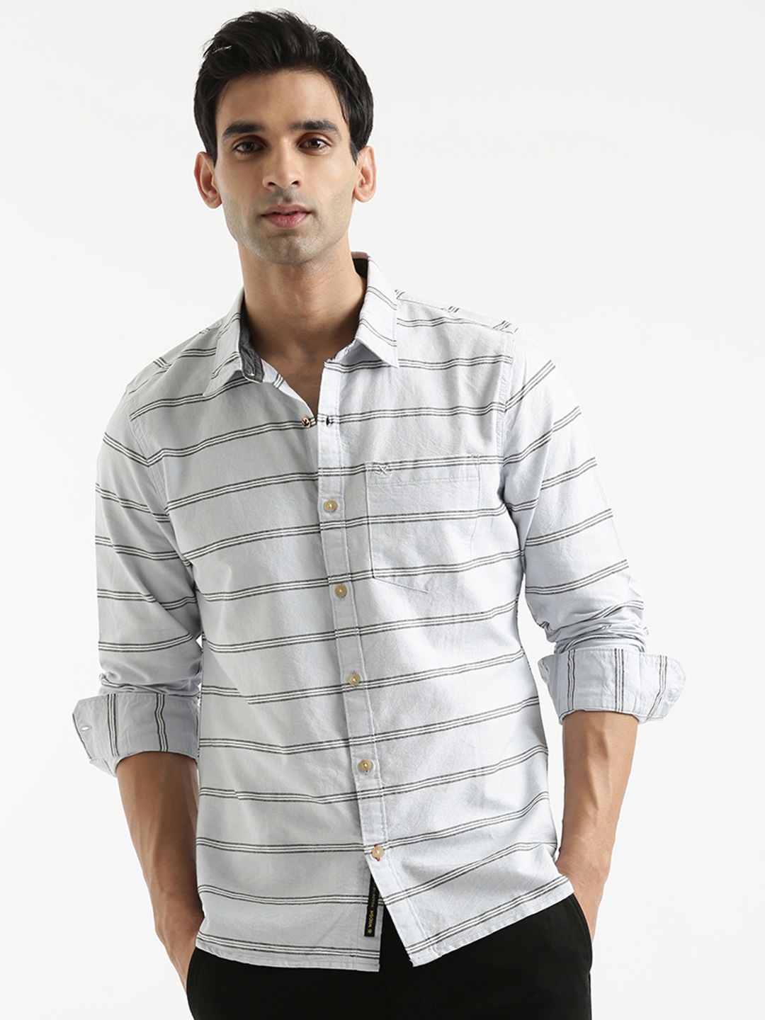 

WROGN Custom Horizontal Stripes Opaque Striped Casual Shirt, Grey