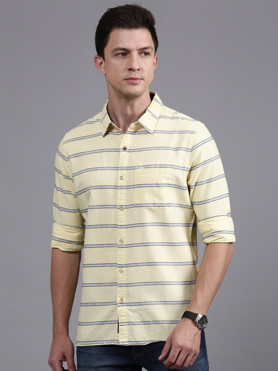 

WROGN Horizontal Striped Custom Fit Cotton Casual Shirt, Yellow