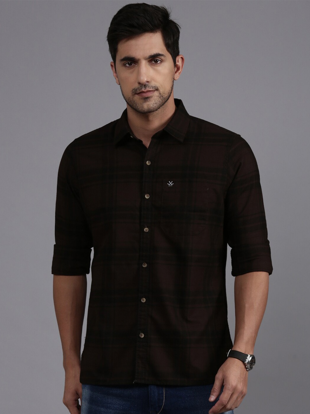 

WROGN Custom Fit Tartan Checked Denim Weave Cotton Casual Shirt, Brown