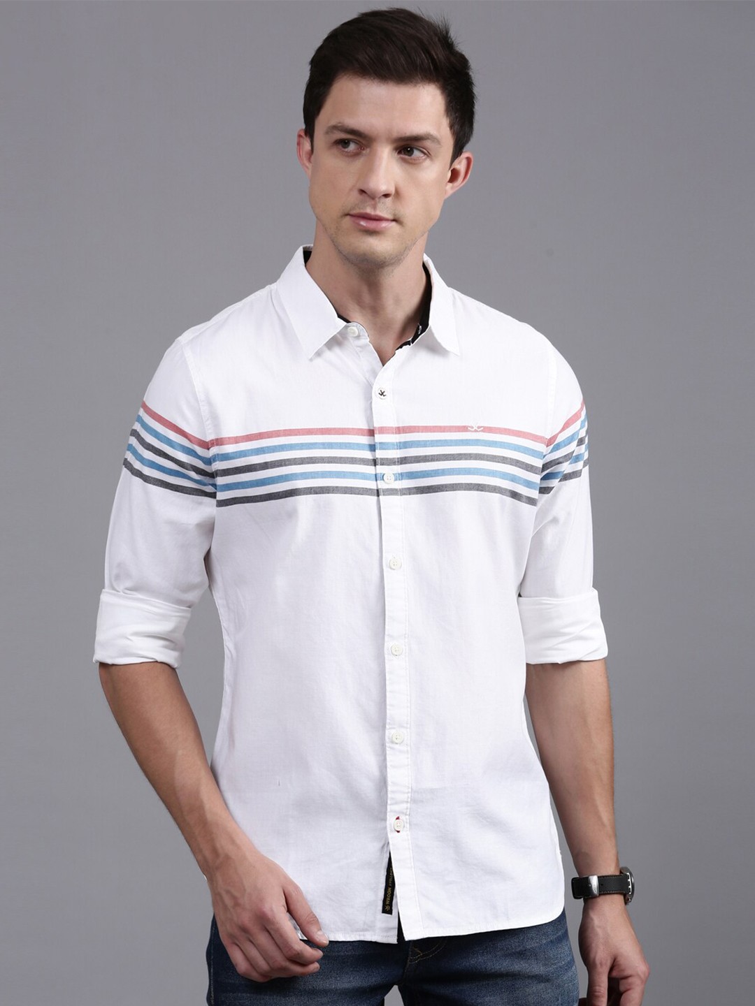 

WROGN Horizontal Striped Custom Fit Denim Weave Cotton Casual Shirt, White
