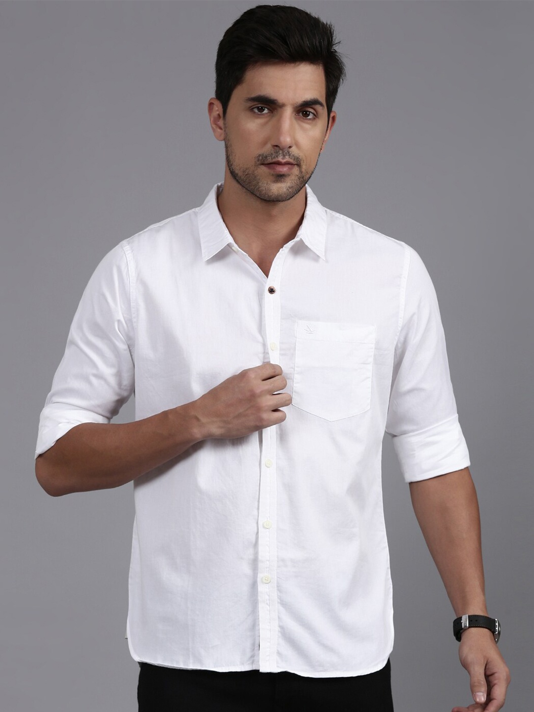 

WROGN Custom Fit Denim Weave Cotton Casual Shirt, White