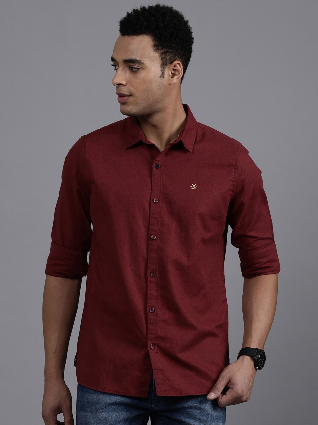 

WROGN Custom Fit Denim Weave Cotton Casual Shirt, Maroon