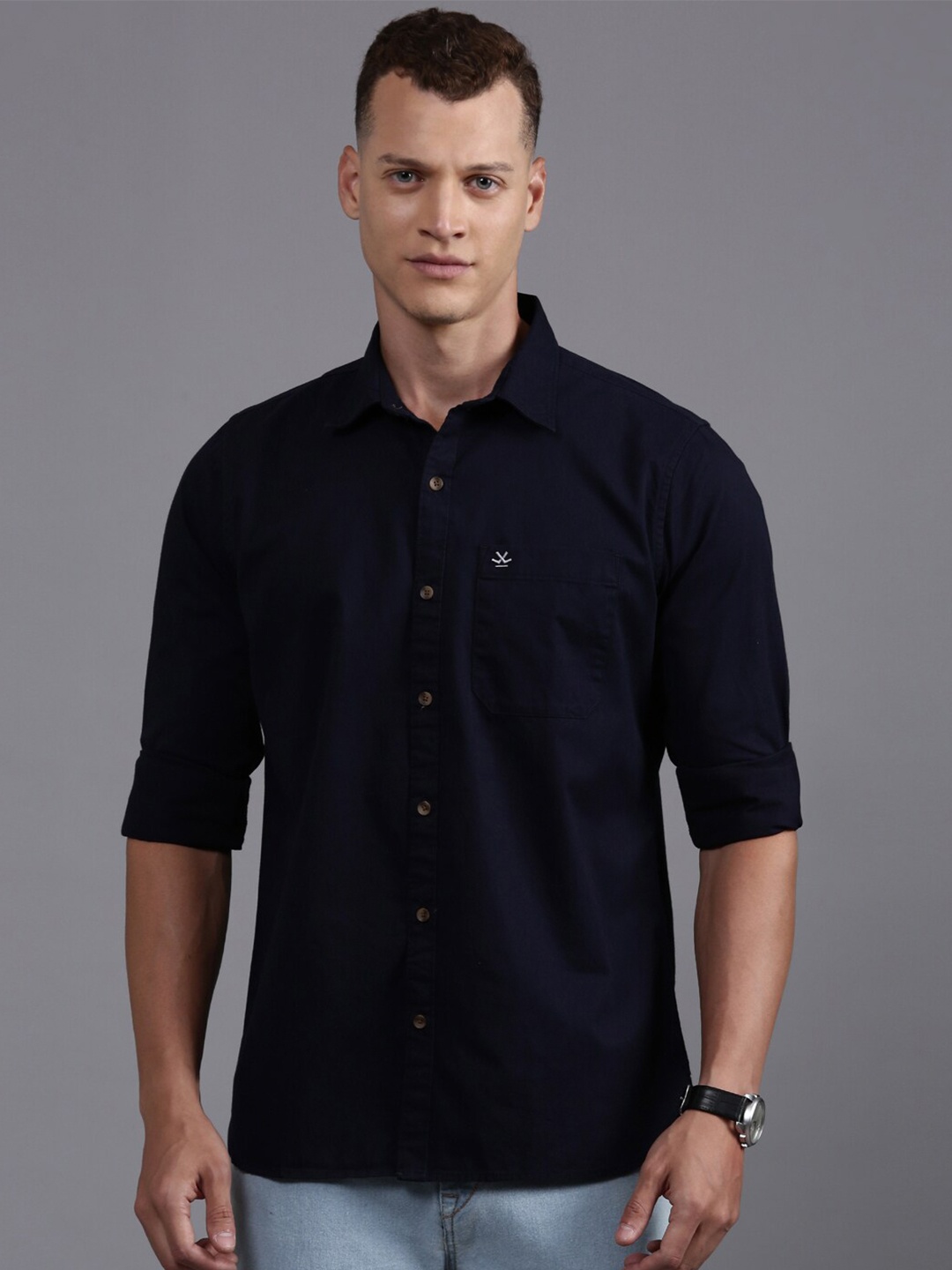 

WROGN Custom Fit Denim Weave Cotton Casual Shirt, Blue