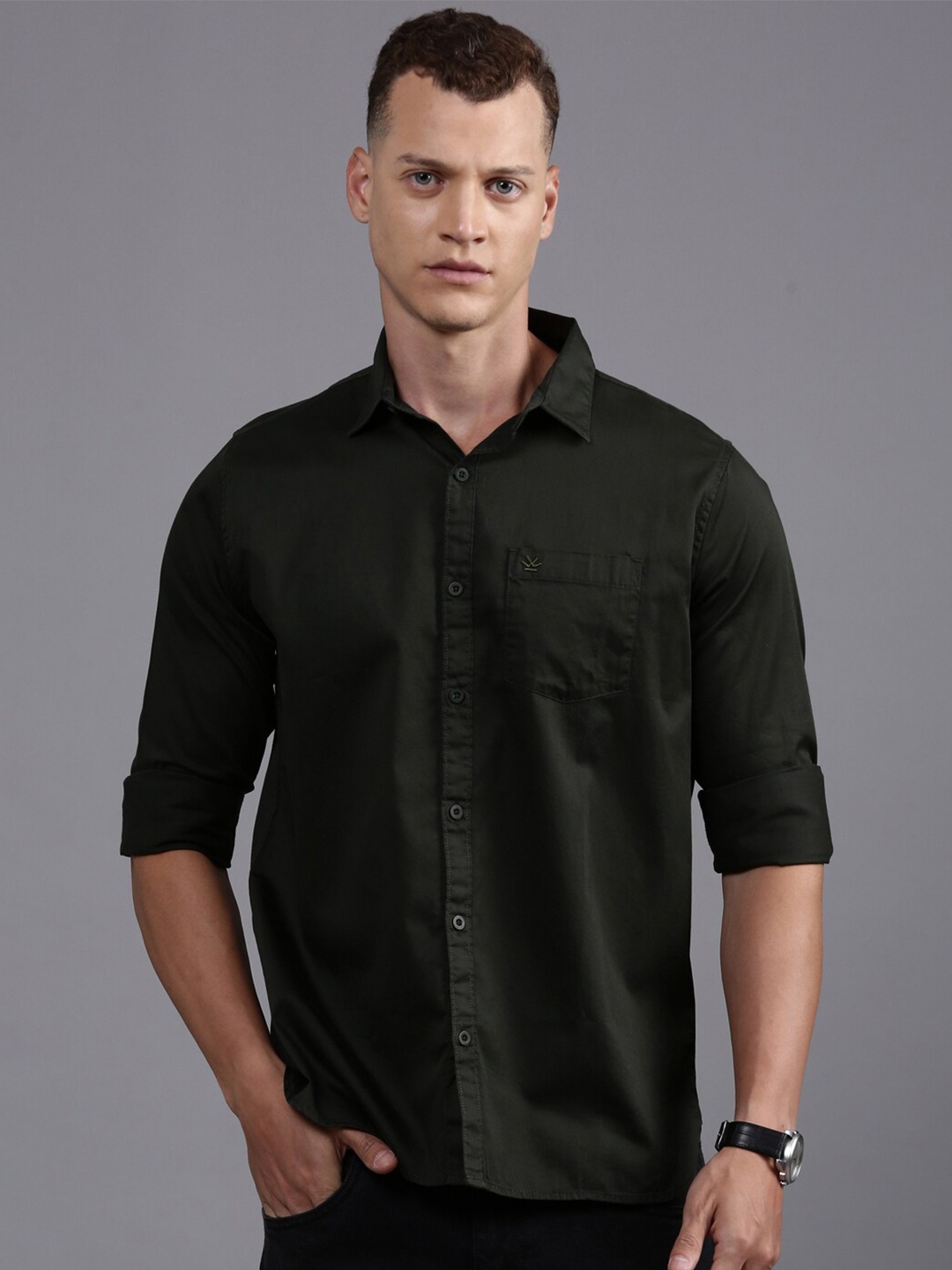 

WROGN Spread Collar Custom Denim Acrylic Casual Shirt, Olive