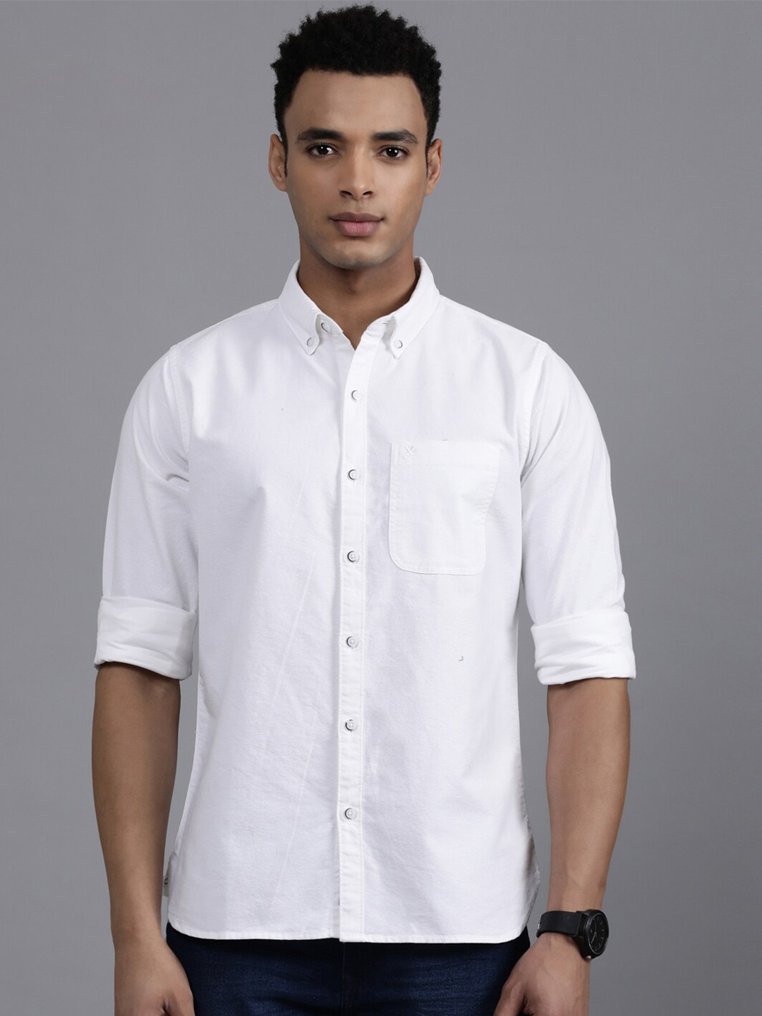 

WROGN Custom Fit Button-Down Collar Cotton Casual Shirt, White