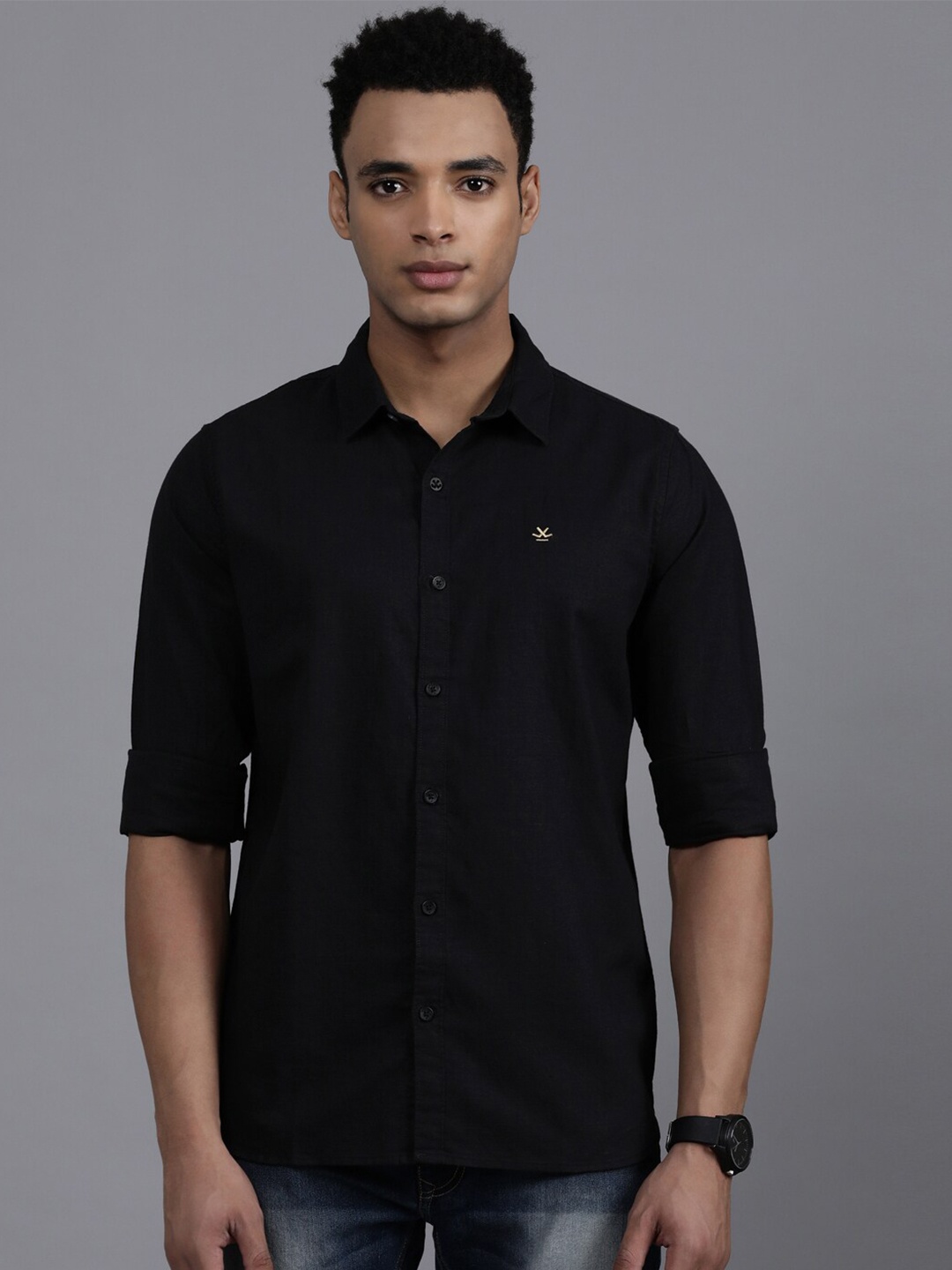 

WROGN Spread Collar Custom Denim Acrylic Casual Shirt, Black