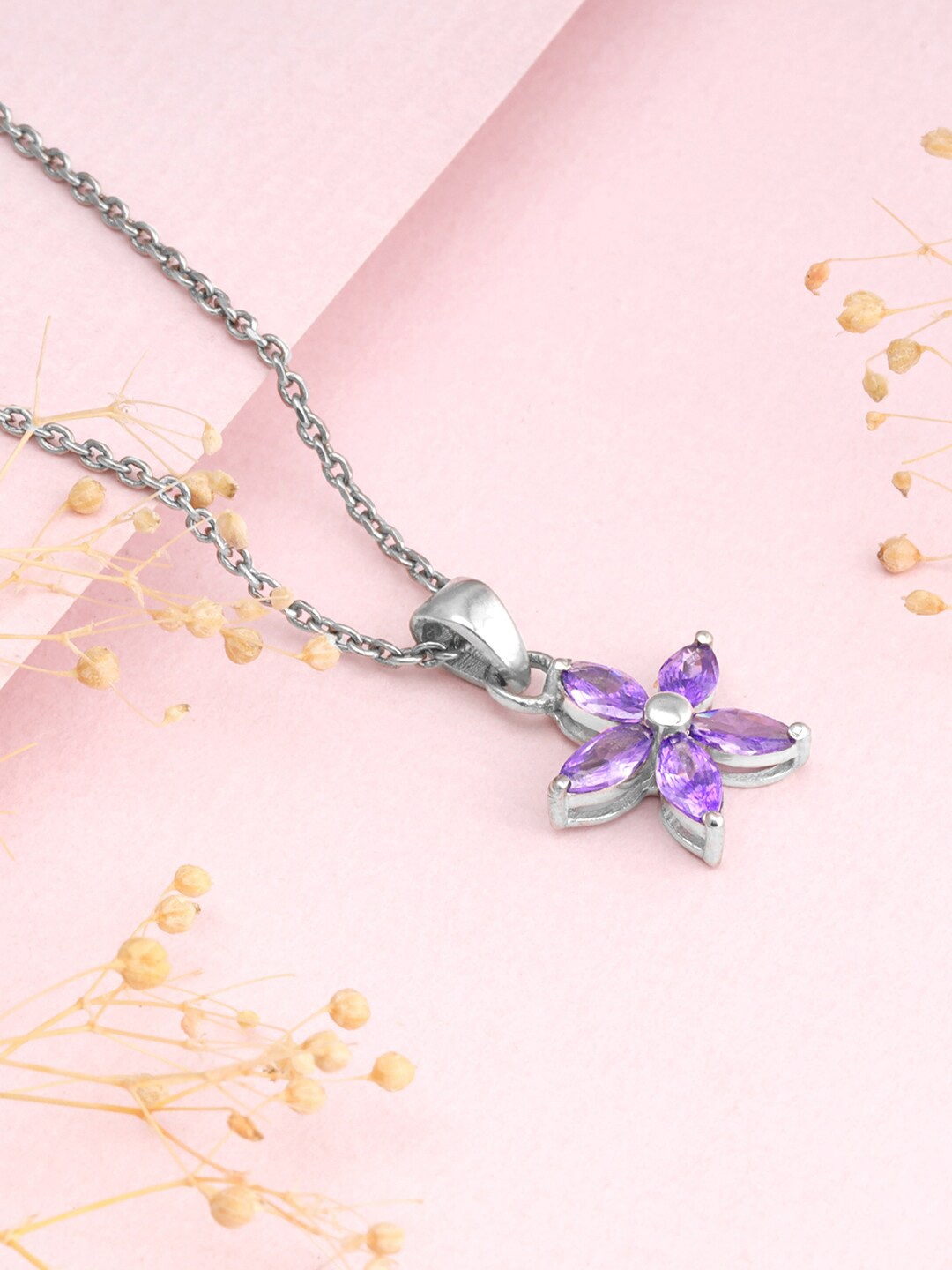

GIVA 925 Sterling Silver Rhodium-Plated Stone Studded Flower Pendant With Chain