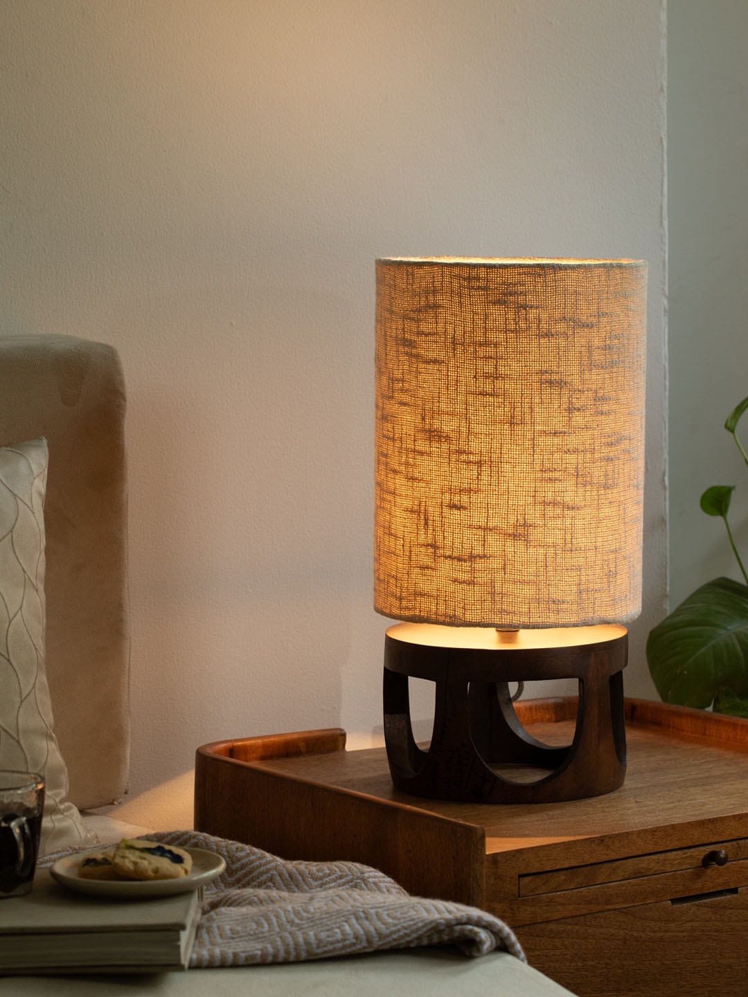 

ellementry Brown & Beige Textured Wooden Table Lamp With Shade