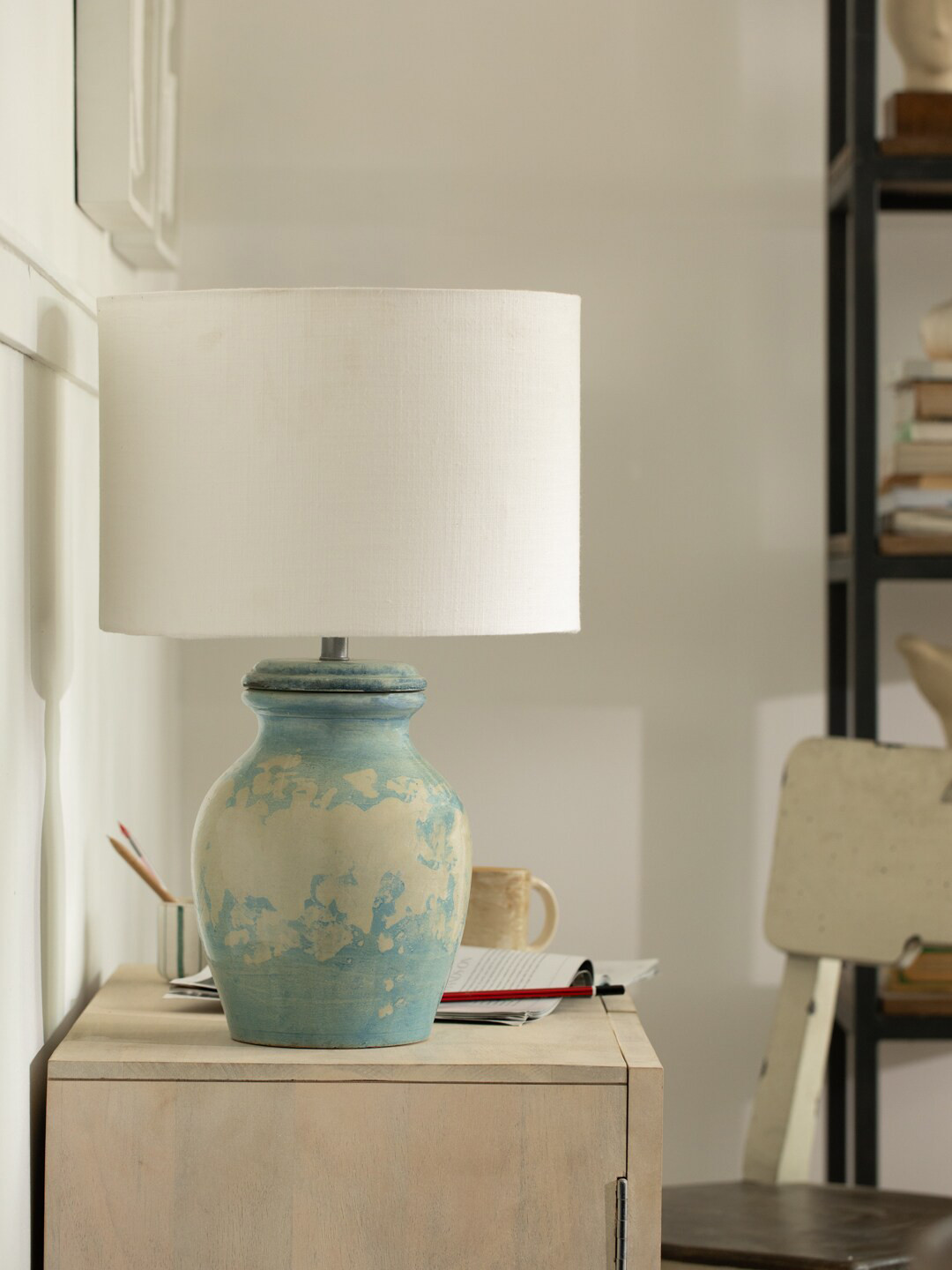 

ellementry Blue & White Printed Terracotta Table Lamp With Shade