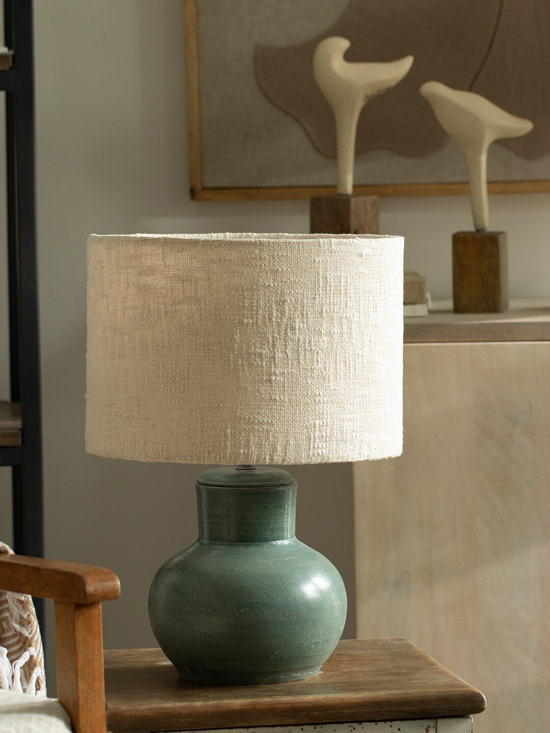 

ellementry Green & Beige Textured Terracotta Table Lamp With Shade