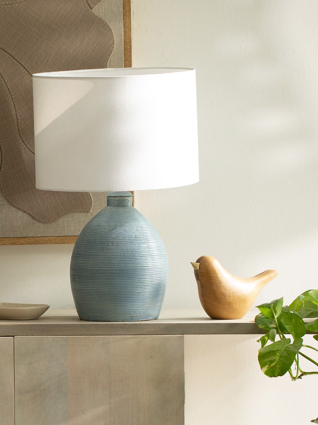 

ellementry Blue & White Textured Terracotta Table Lamp With Shade