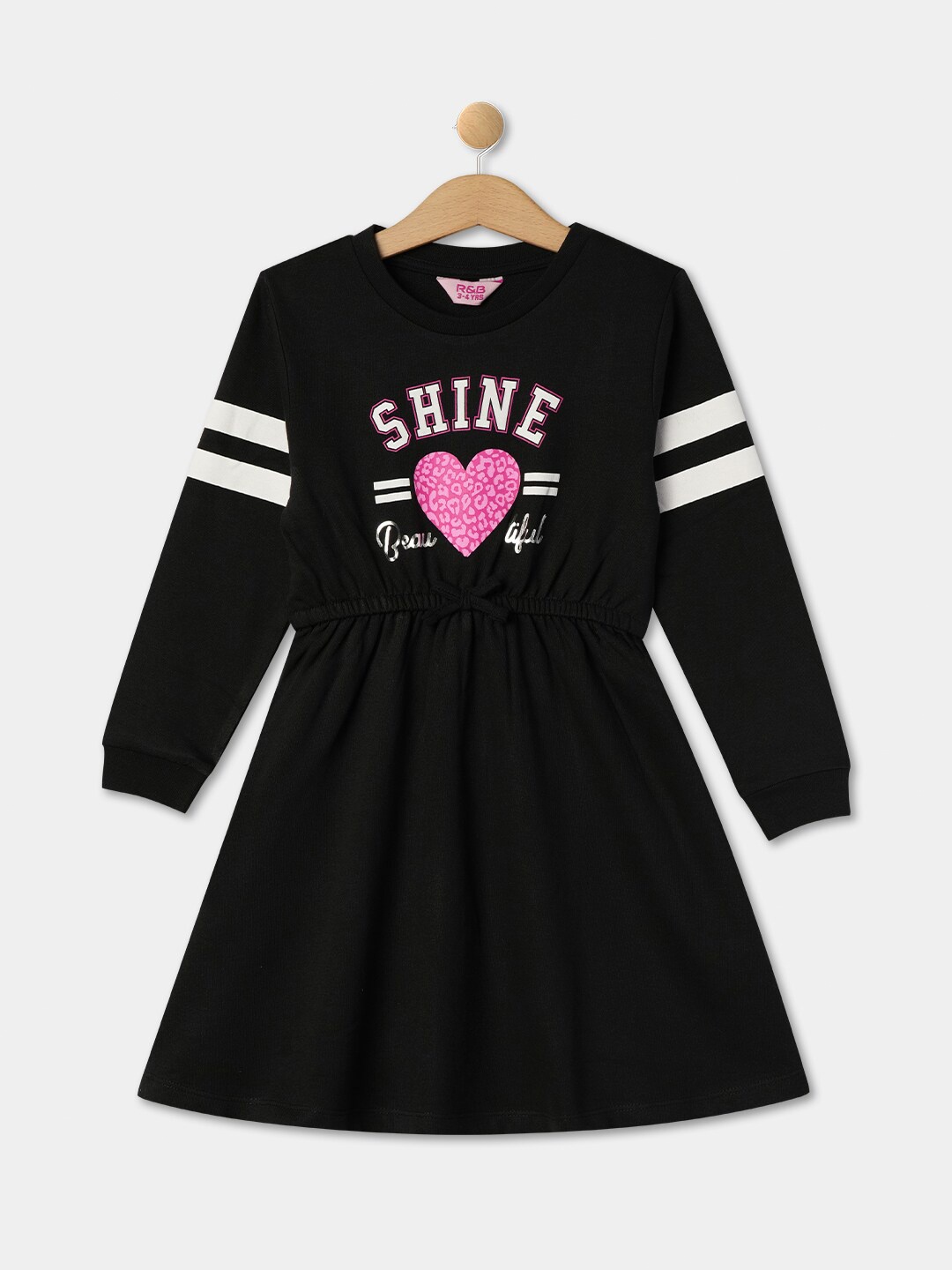 

R&B Girls Typography Printed Round Neck Long Sleeve Gathered Cotton Fit & Flare Dress, Black