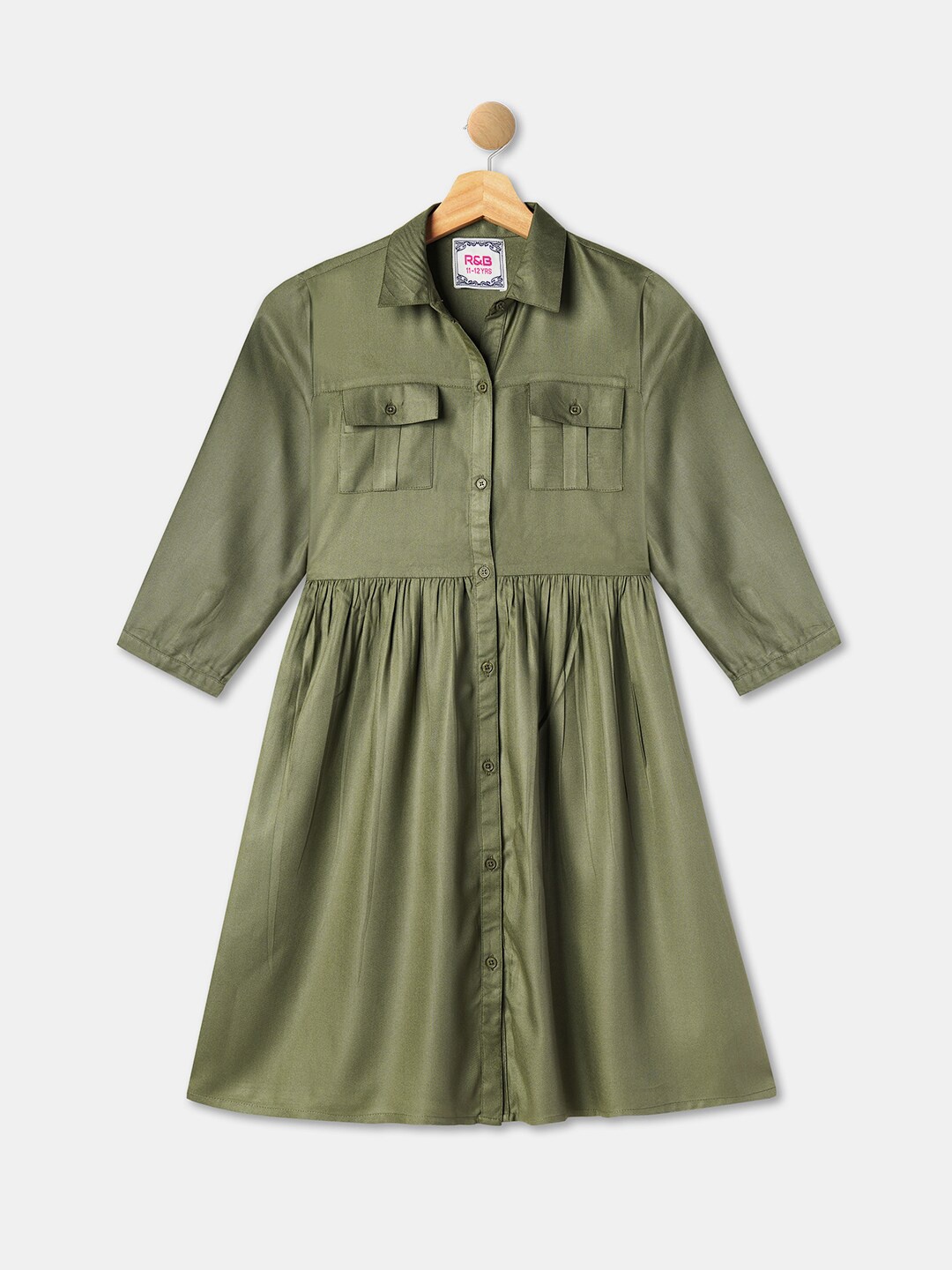 

R&B Girls Gathered or Pleated Shirt Style Dress, Green