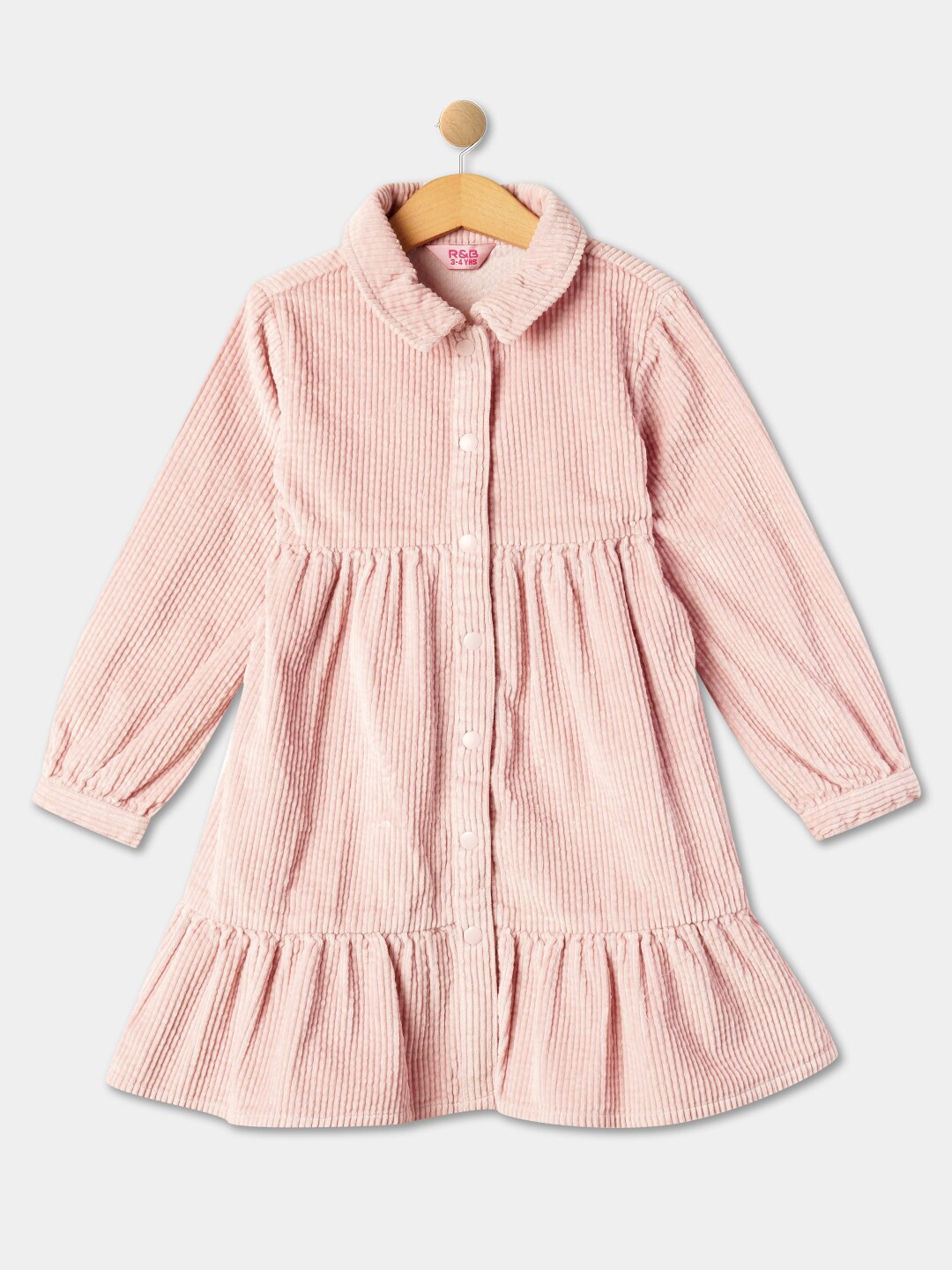 

R&B Girls Self Design Shirt Collar Gathered Tiered Cotton Shirt Midi Dress, Mauve