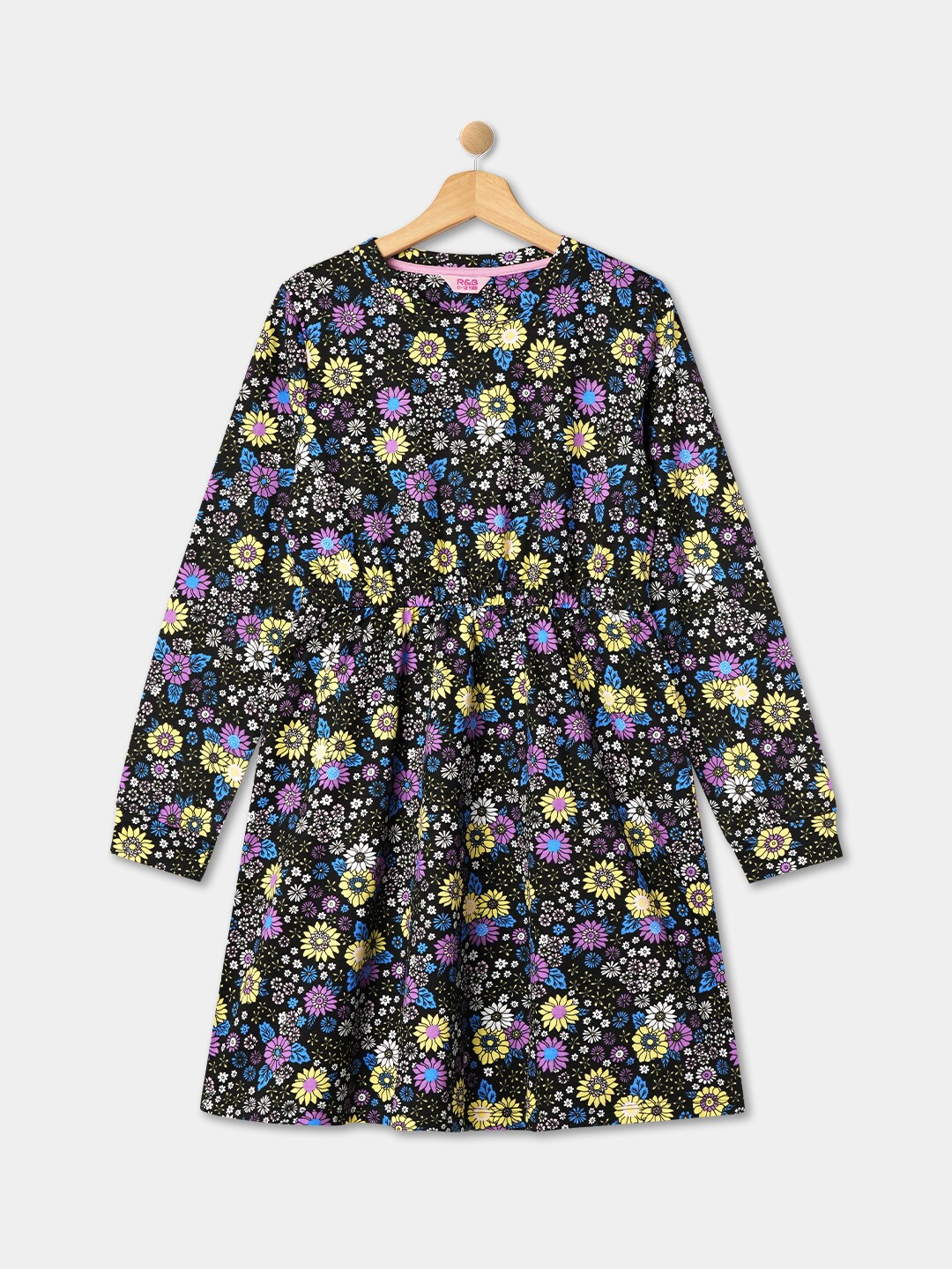 

R&B Girls Floral Printed Cotton A Line Dress, Black