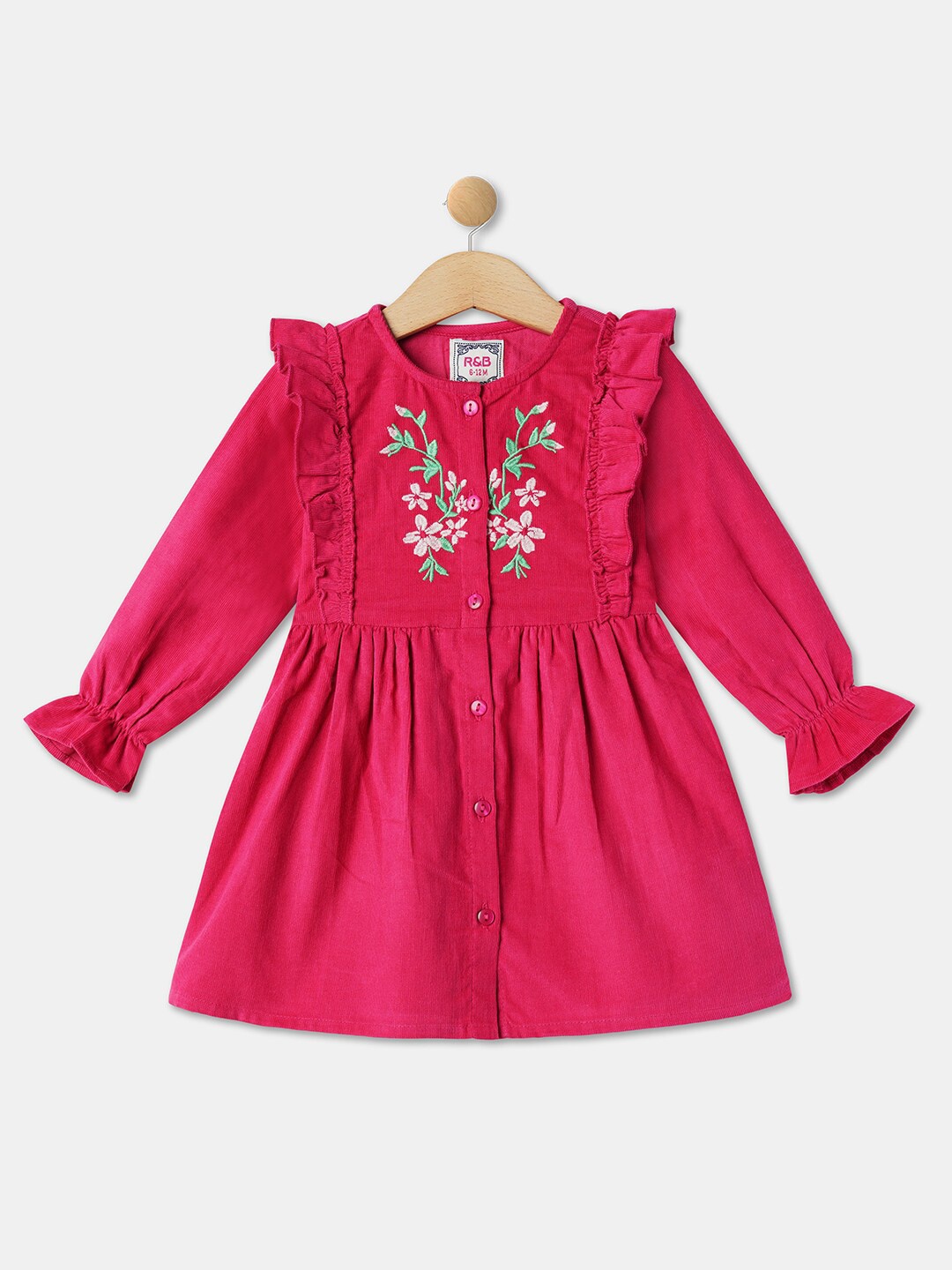 

R&B Infants Girls Puffed Sleeves Embroidered Ruffles Fit & Flare Dress, Pink