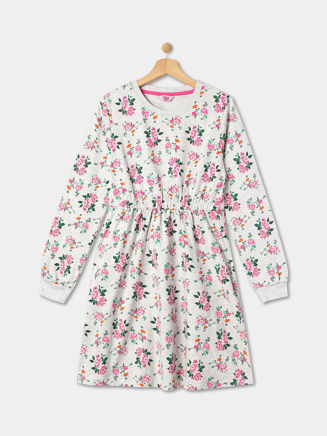 

R&B Girls Floral Printed Gathered Or Pleated Cotton A Line Dress, Grey