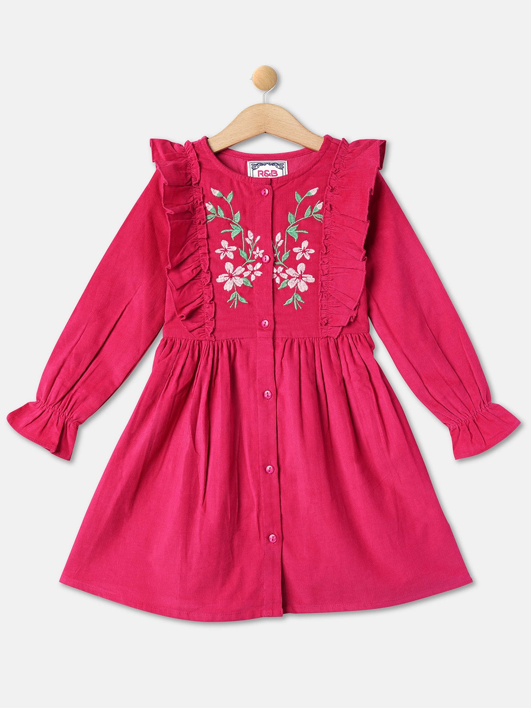 

R&B Girls Floral Embroidered Ruffles Gathered & Pleated Puff Sleeves Cotton A-Line Dress, Pink