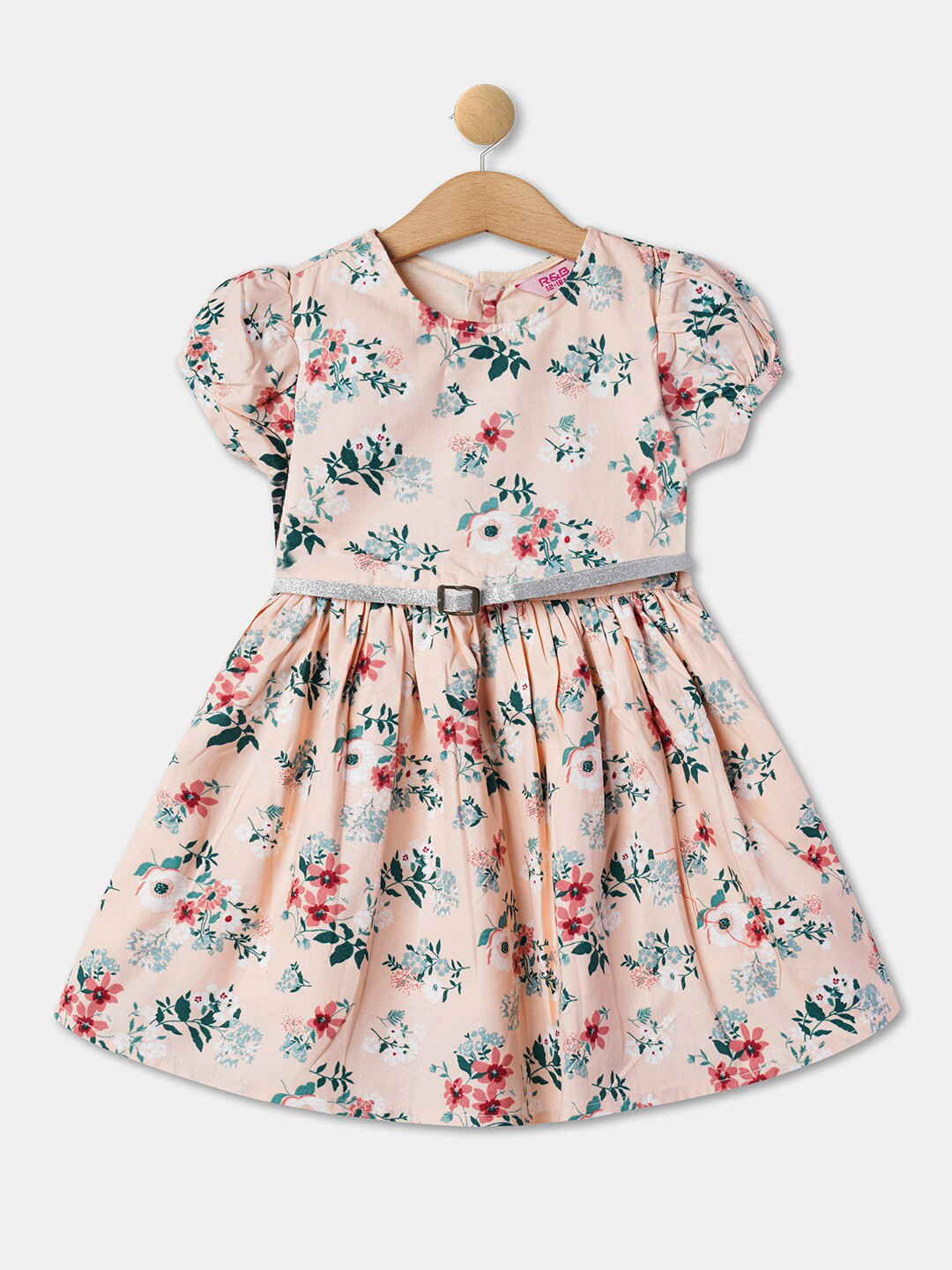 

R&B Infant Floral Printed Belted Gathered & Pleated Puff Sleeves Cotton Fit & Flare Dress, Peach