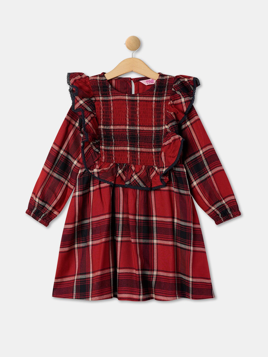 

R&B Girls Checked Smocked A Line Dress, Red