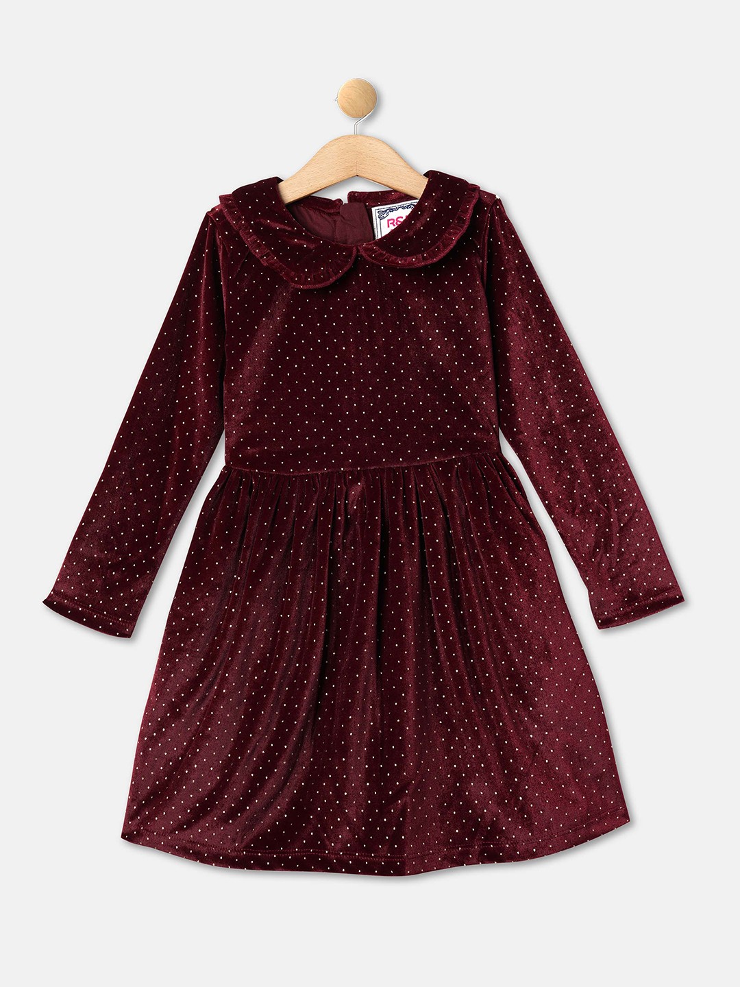 

R&B Girls Polka Dots Printed Peter Pan Collar Gathered Fit & Flare Dress, Maroon