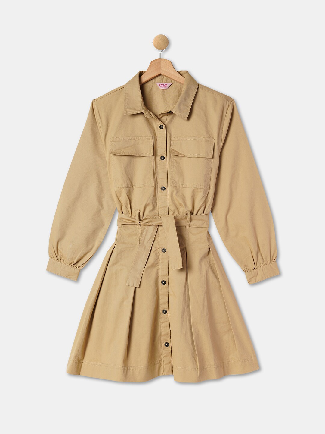 

R&B Girls Cotton Shirt Style Dress, Beige
