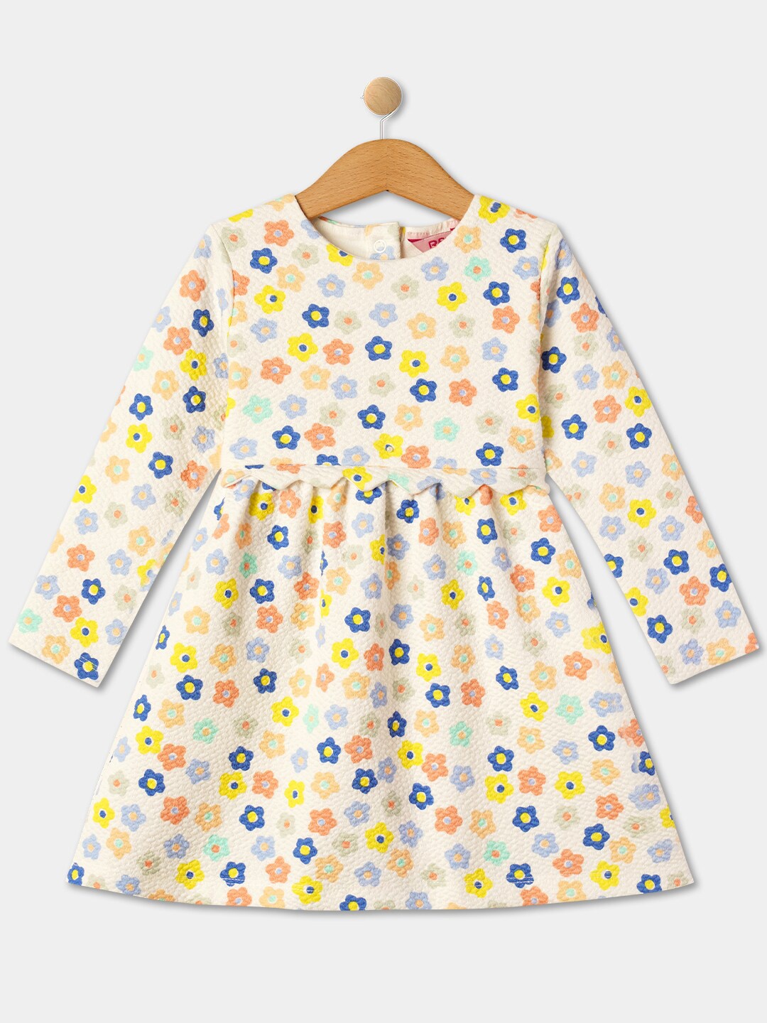 

R&B Girls Floral Printed Round Neck Long Sleeve Gathered Cotton Fit & Flare Dress, White