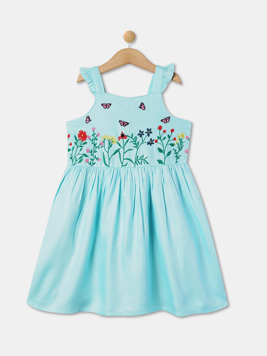 

R&B Girls Floral Embroidered Cotton Fit & Flare Dress, Blue