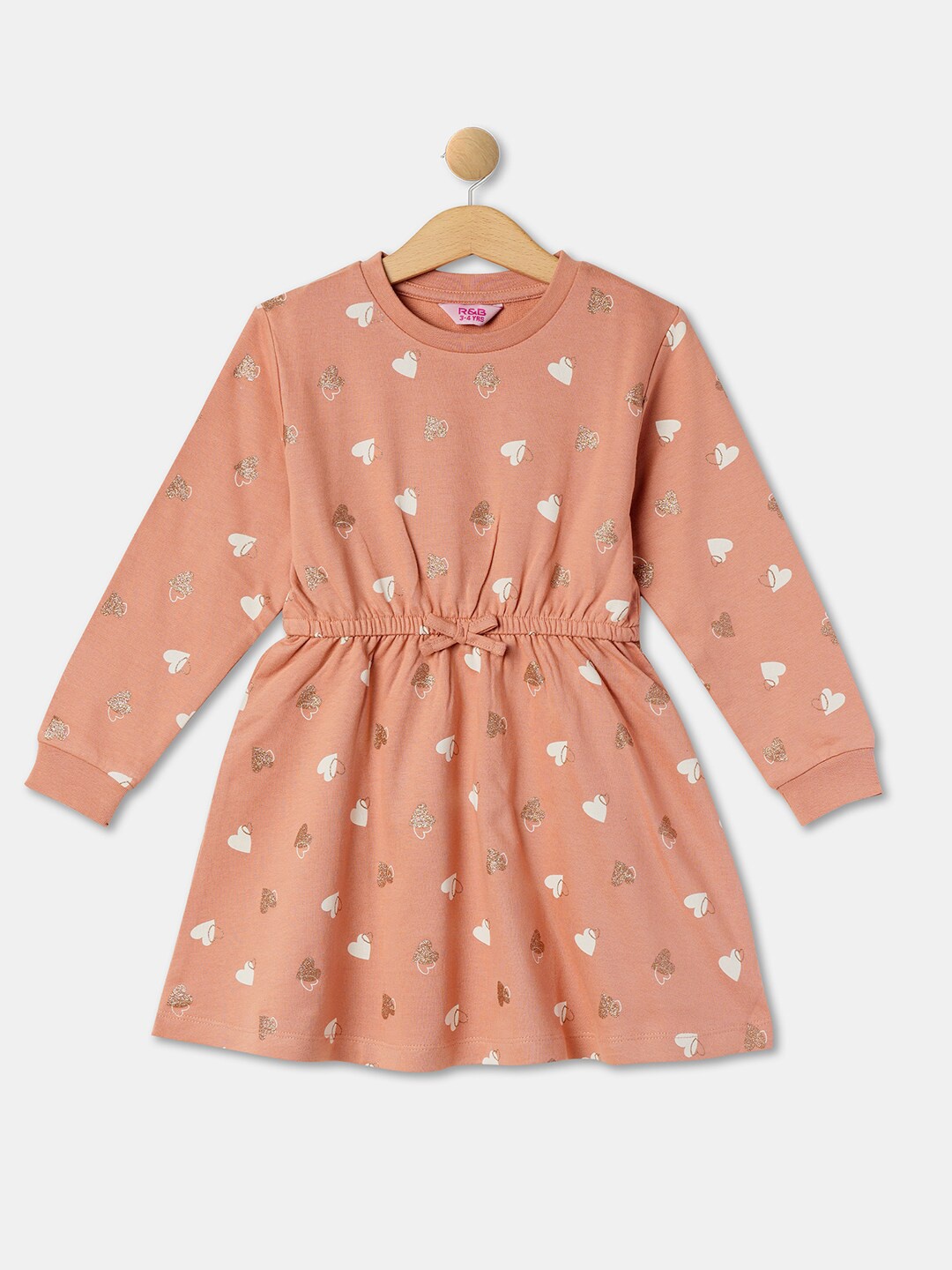 

R&B Girls Conversational Printed Cuffed Sleeves Cotton A-Line Dress, Peach