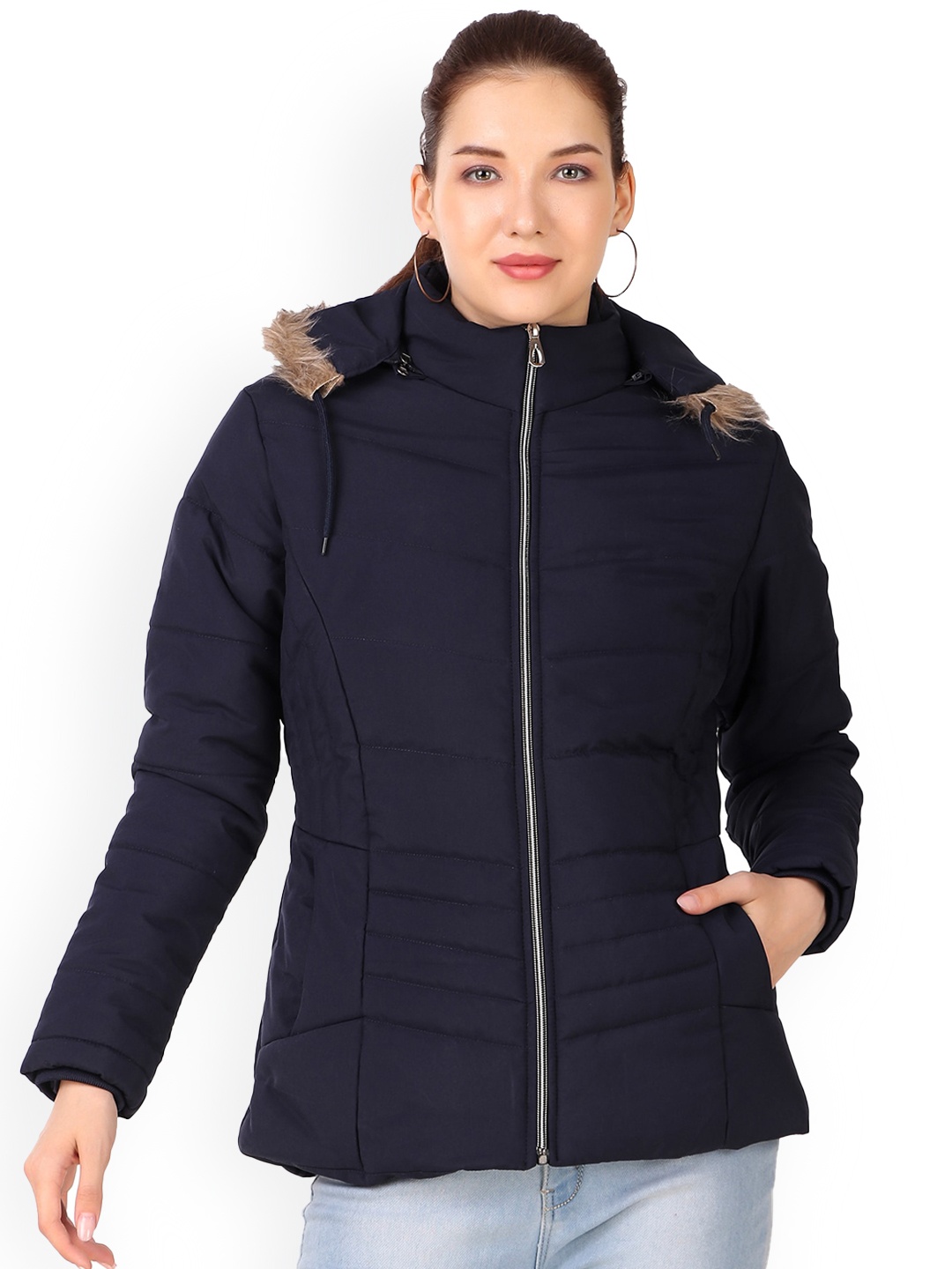 

Brazo Lightweight Faux Fur Trim Longline Parka Jacket, Navy blue