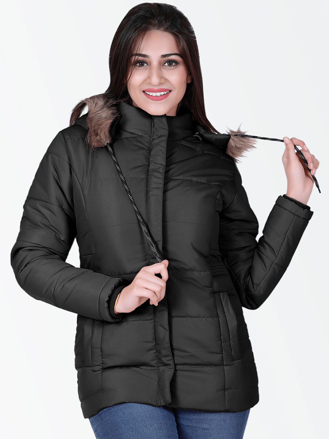 

Brazo Lightweight Faux Fur Trim Longline Hooded Parka Jacket, Black