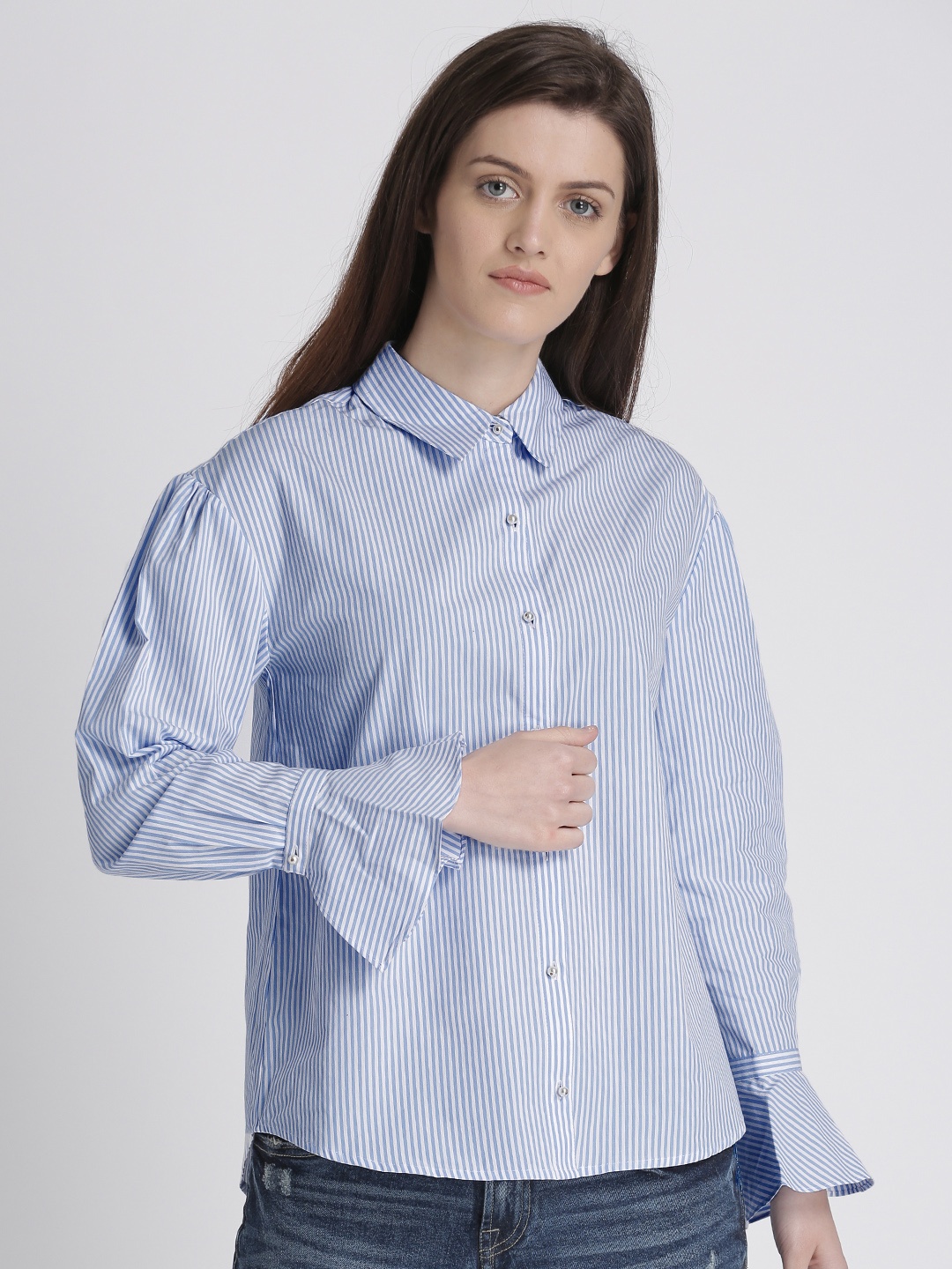 

Splash Women Blue & White Striped Shirt Style Pure Cotton Top