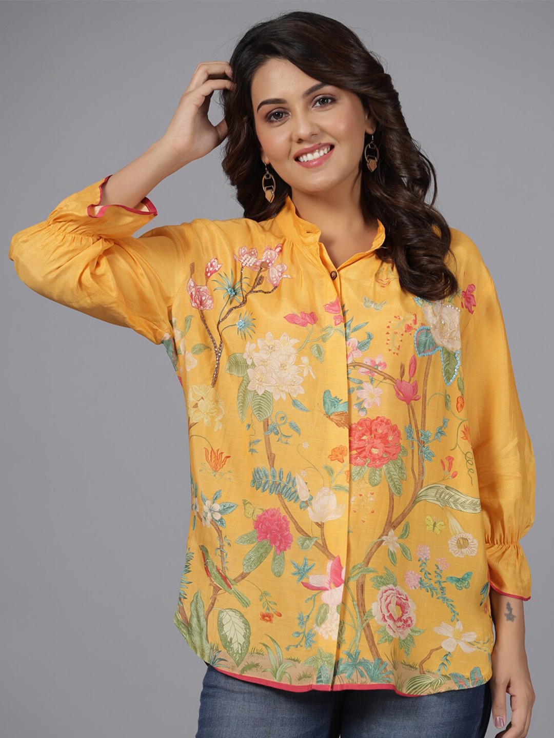 

Juniper Floral Printed Mandarin Collar Muslin Tunic, Yellow