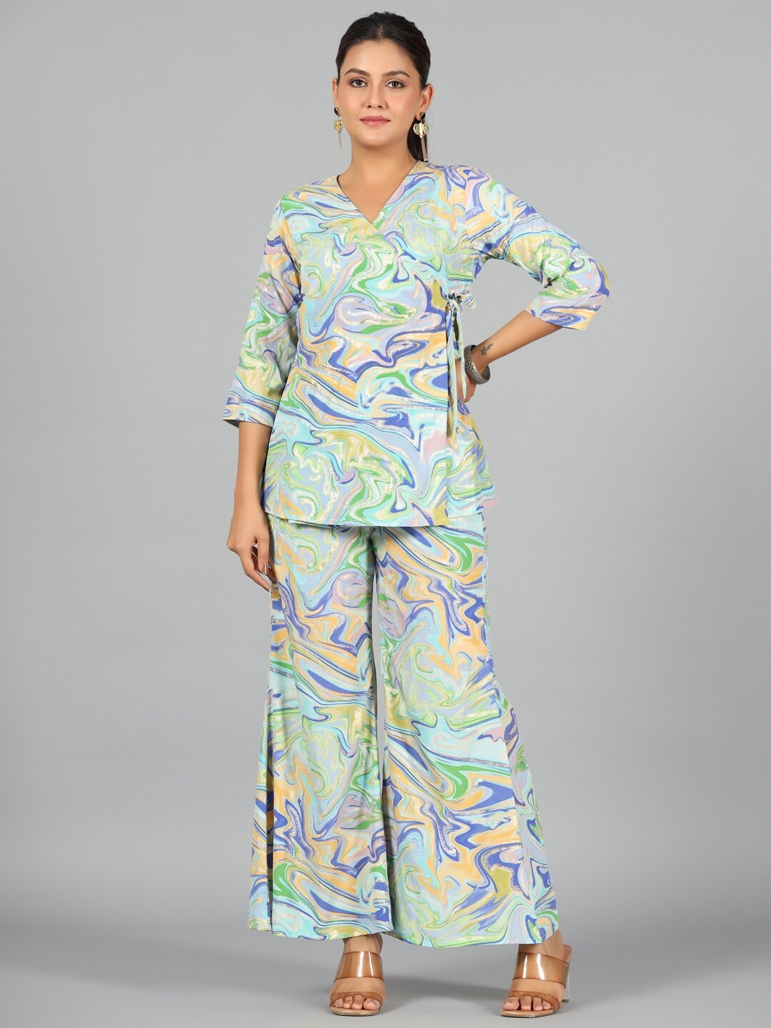 

Juniper Abstract Printed V-Neck Three-Quarter Sleeve Co-Ords Set, Blue