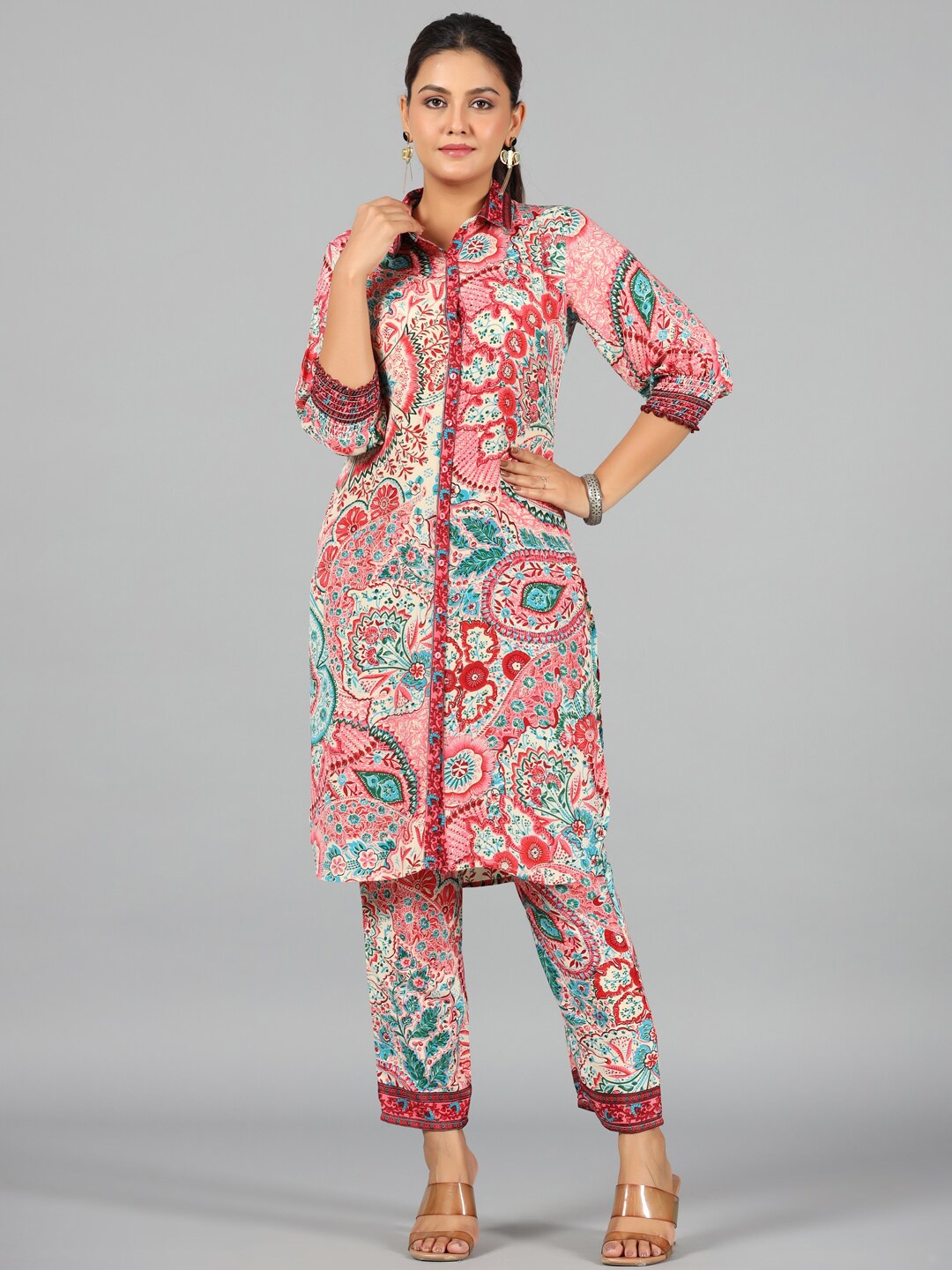 

Juniper Printed Shirt Collar Kurta With Trouser, Pink