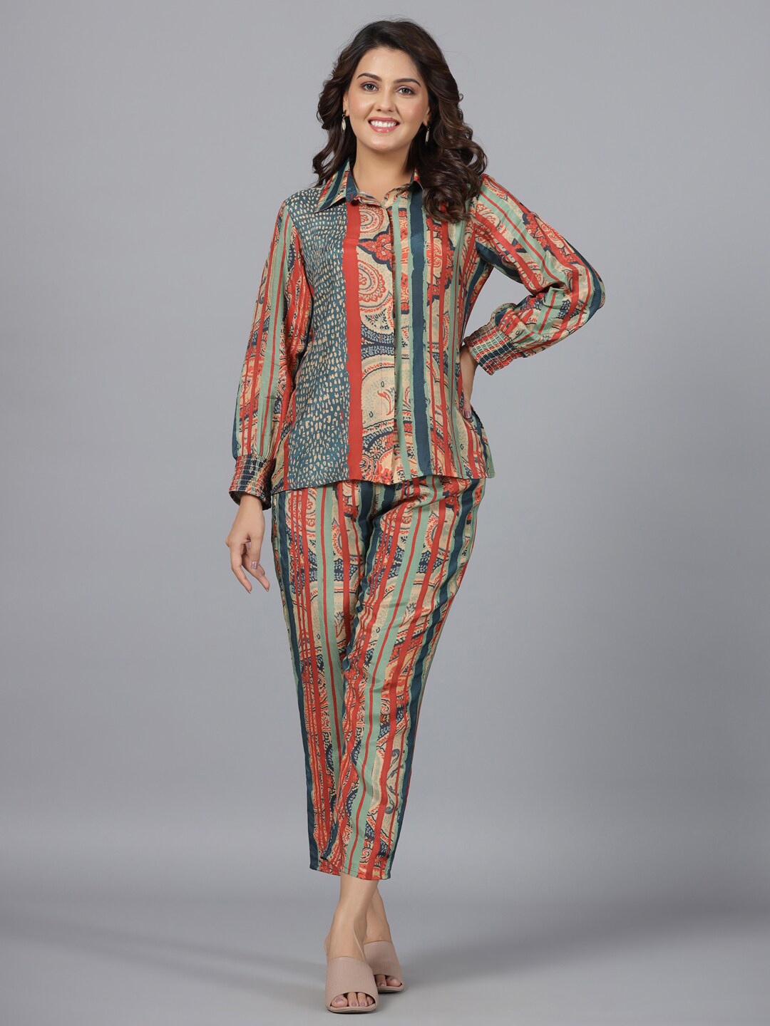 

Juniper Ethnic Printed Shirt Collar Puff Sleeve Muslin Co-Ords, Teal