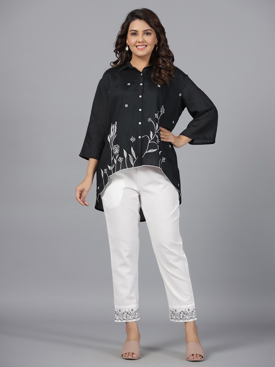 

Juniper Chanderi Embroidered Shirt Collar Co-Ords, Black