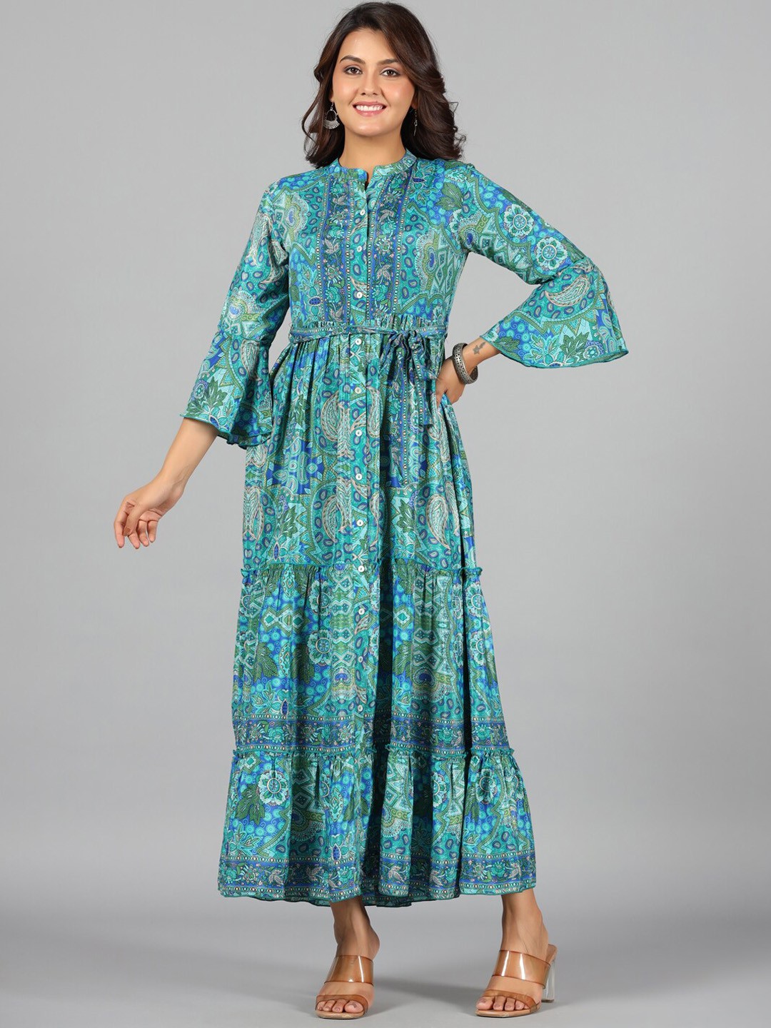 

Juniper Floral Printed Fit & Flare Tiered Maxi Ethnic Dress, Blue