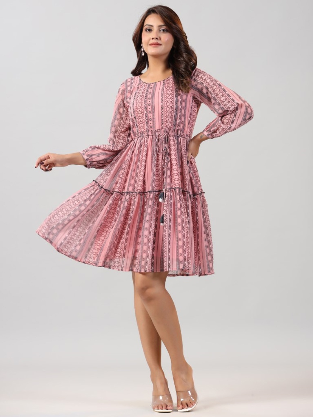 

Juniper Geometric Printed Puff Sleeves Sequined Tiered Fit & Flare Dress, Peach
