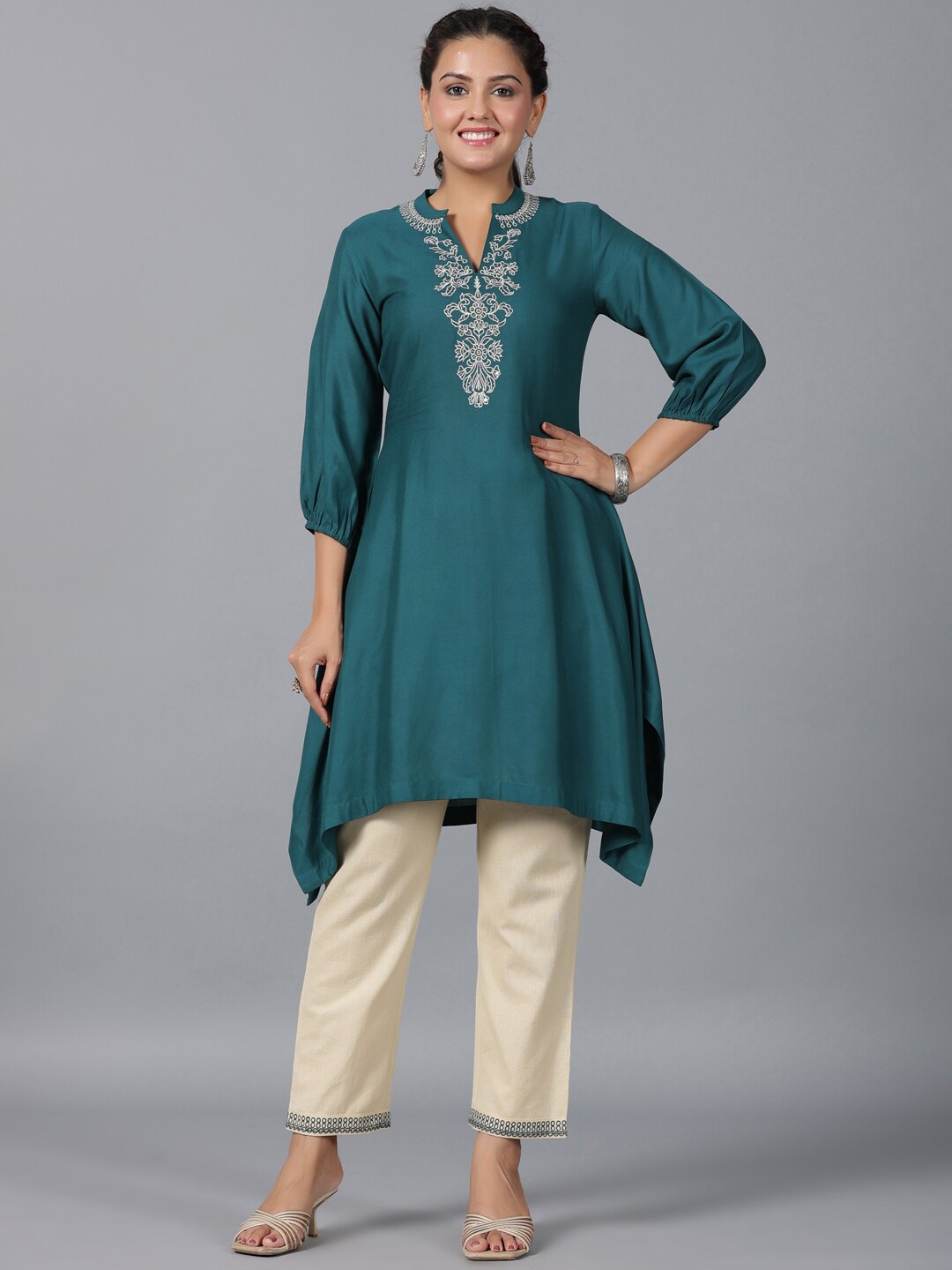 

Juniper Floral Embroidered Thread Work Kurta With Trousers, Teal
