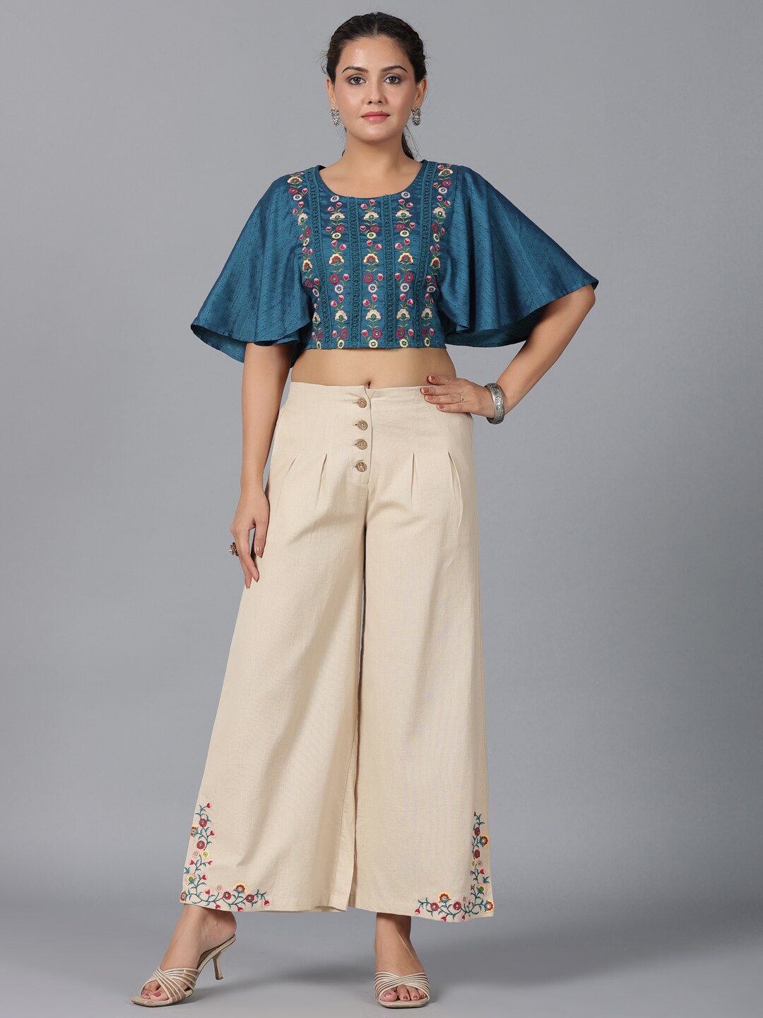 

Juniper Embroidered Crop Top With Flared Palazzo, Teal