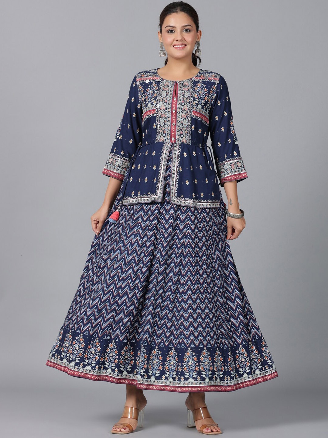 

Juniper Ethnic Motifs Printed Flared Maxi Ethnic Dress, Blue
