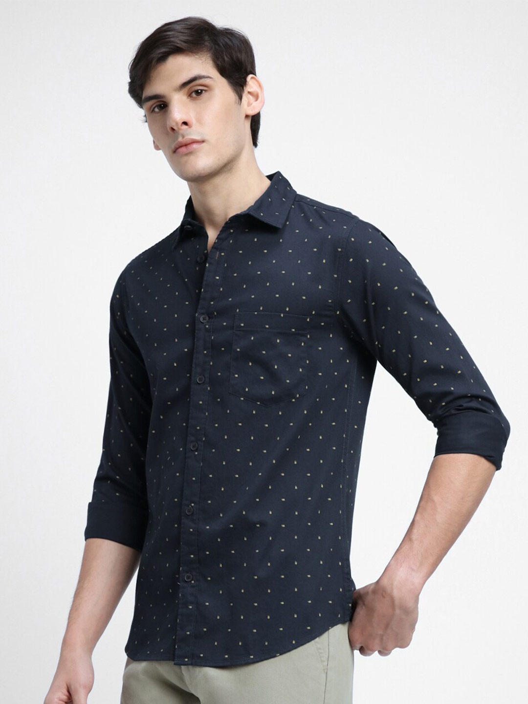 

Dennis Lingo Micro Disty Printed Spread Collar Slim Fit Cotton Casual Shirt, Navy blue