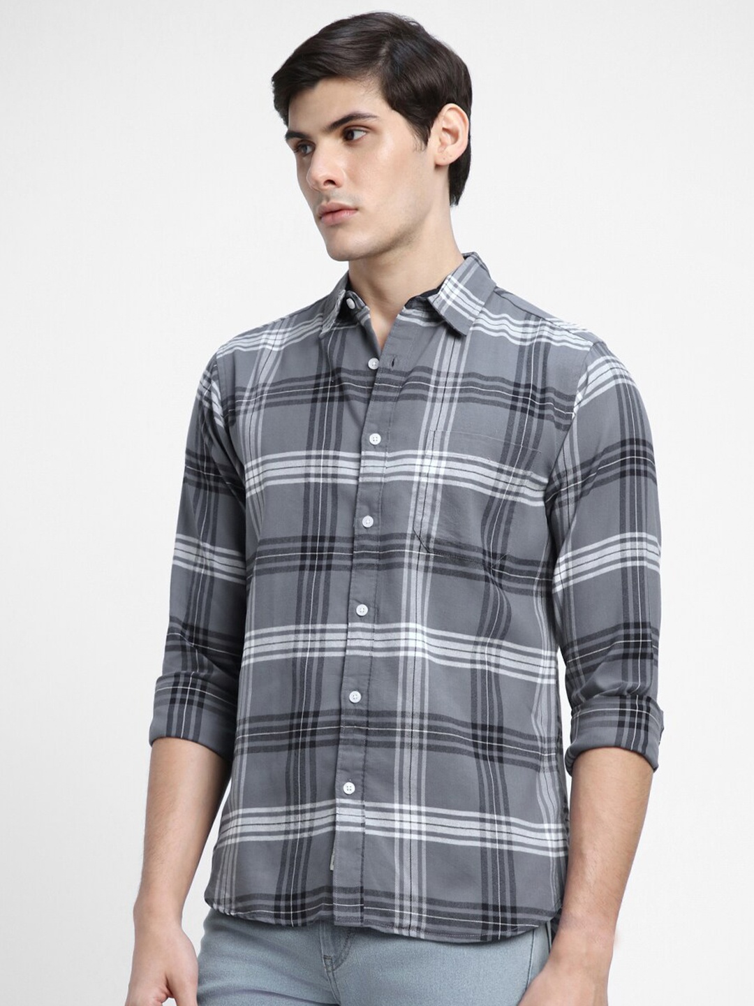 

Dennis Lingo Checked Spread Collar Slim Fit Cotton Casual Shirt, Grey