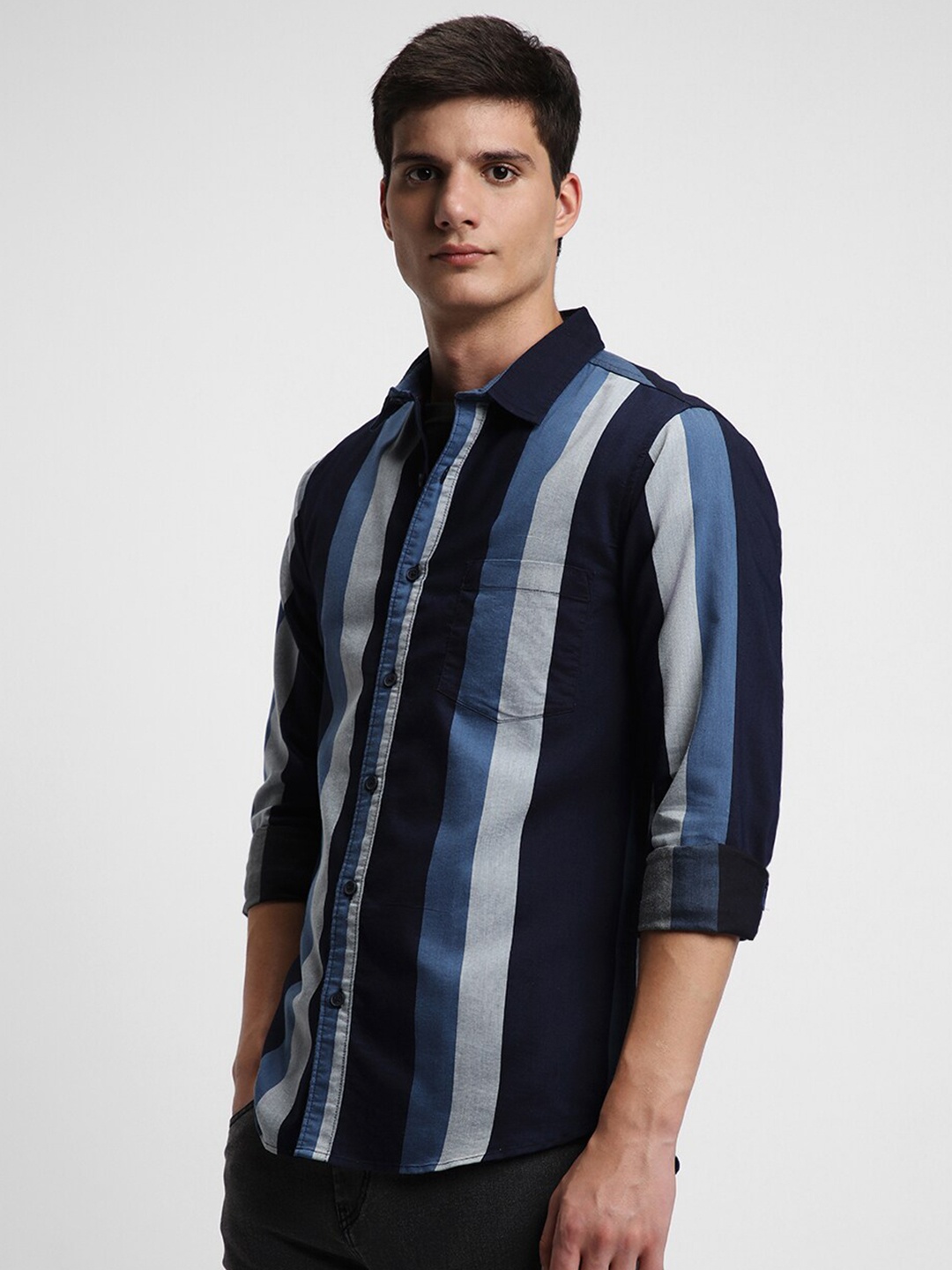 

Dennis Lingo Slim Fit Vertical Striped Cotton Casual Shirt, Navy blue
